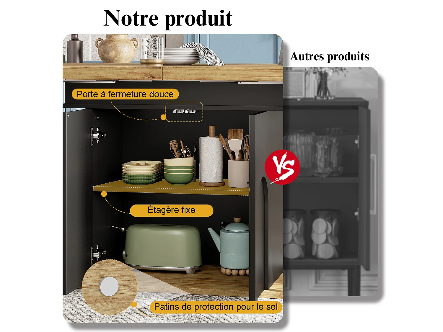 Table à manger extensible 110-140 cm avec rangement, MDF et métal, noir et décor bois naturel