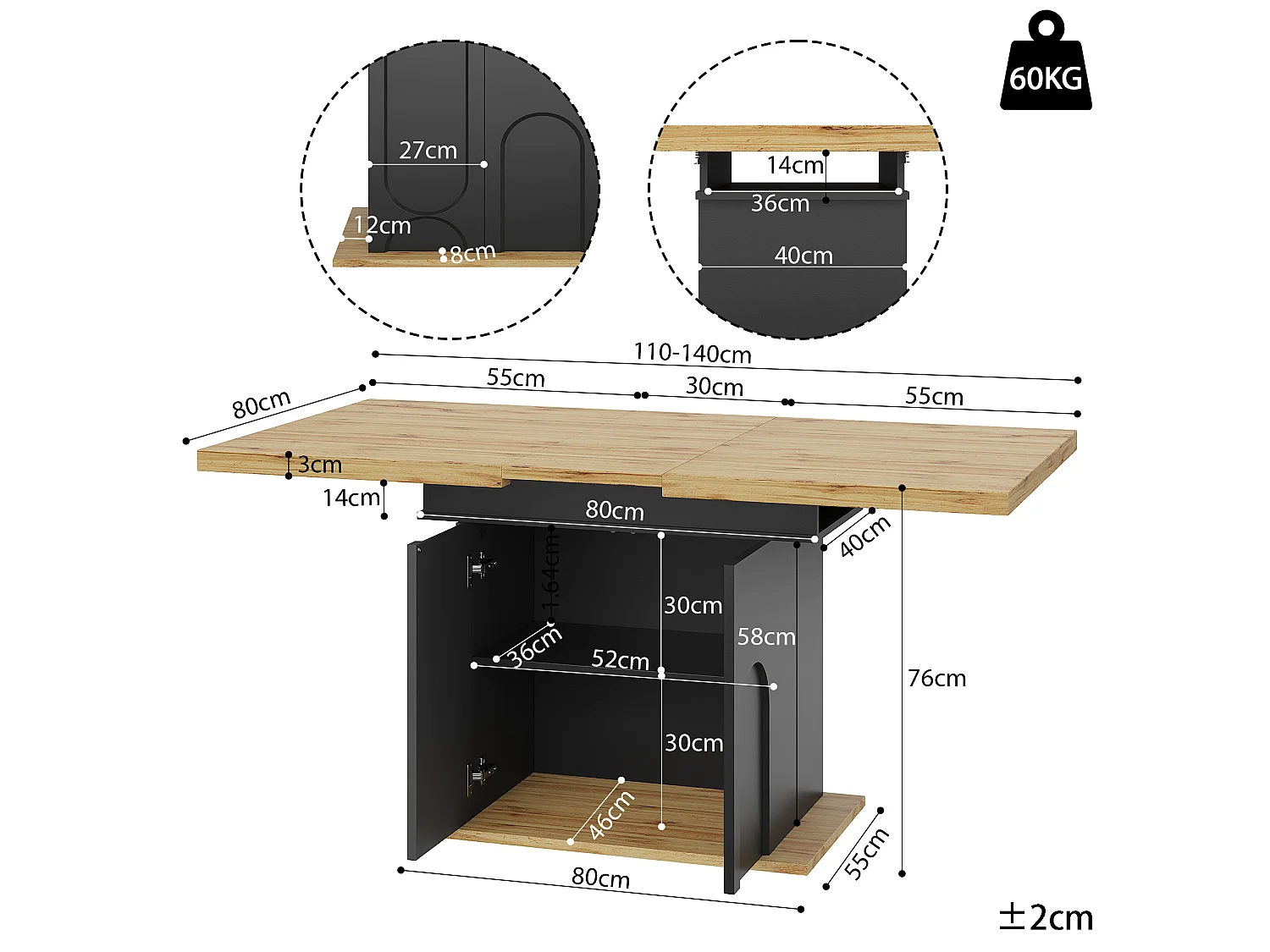Table à manger extensible 110-140 cm avec rangement, MDF et métal, noir et décor bois naturel