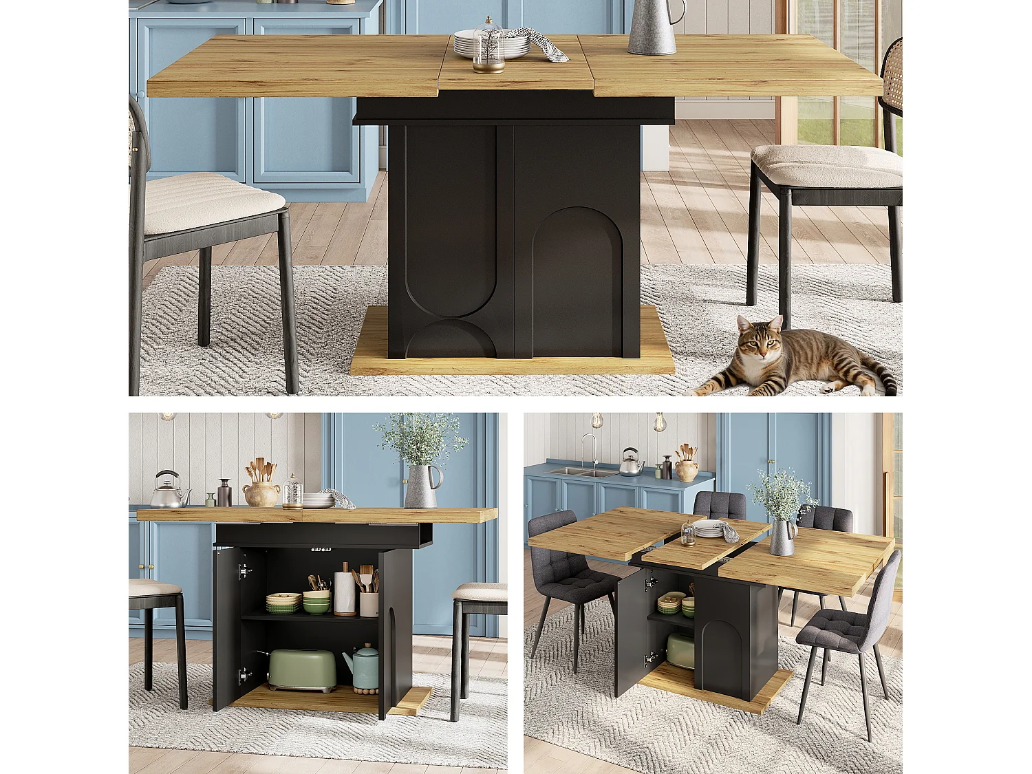 Table à manger extensible 110-140 cm avec rangement, MDF et métal, noir et décor bois naturel