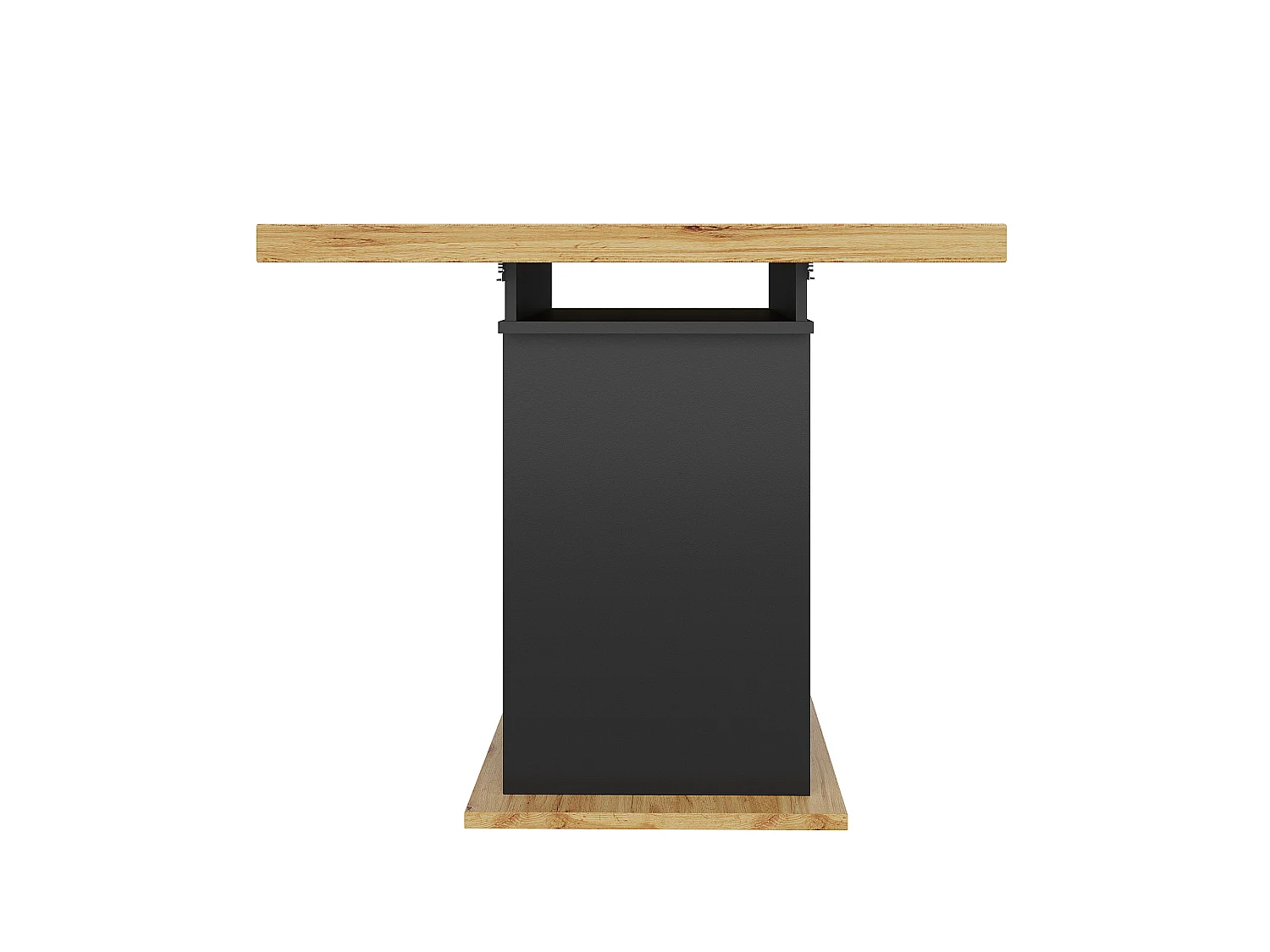 Table à manger extensible 110-140 cm avec rangement, MDF et métal, noir et décor bois naturel