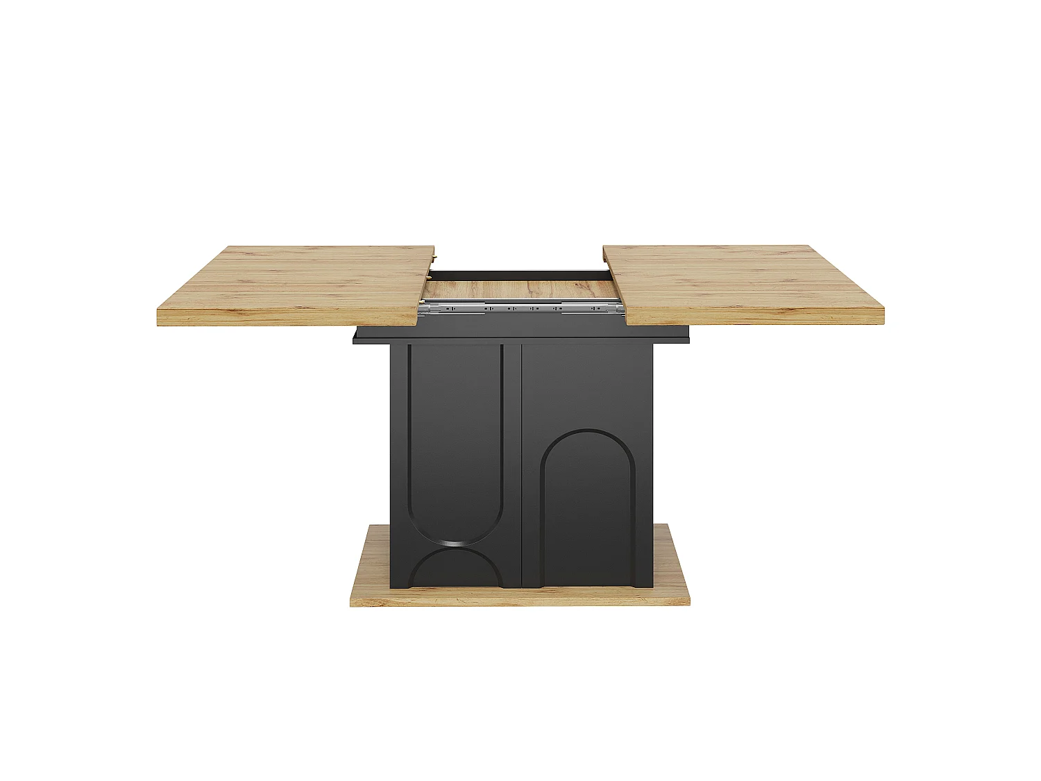 Table à manger extensible 110-140 cm avec rangement, MDF et métal, noir et décor bois naturel