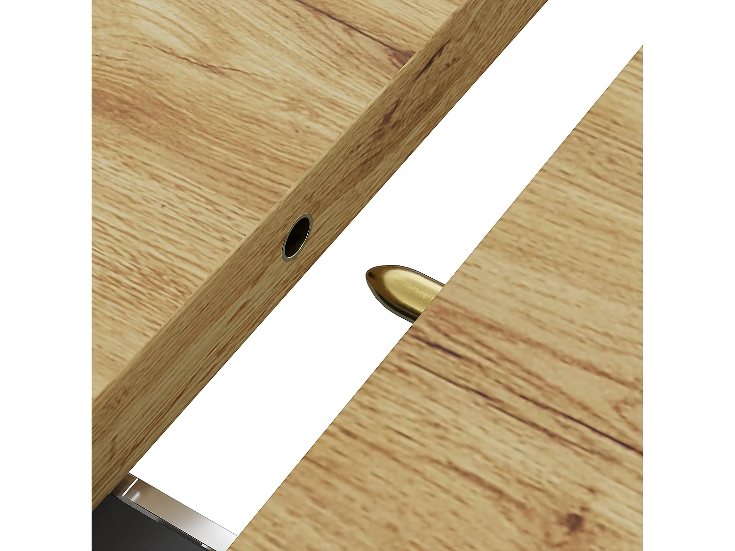 Table à manger extensible 110-140 cm avec rangement, MDF et métal, noir et décor bois naturel