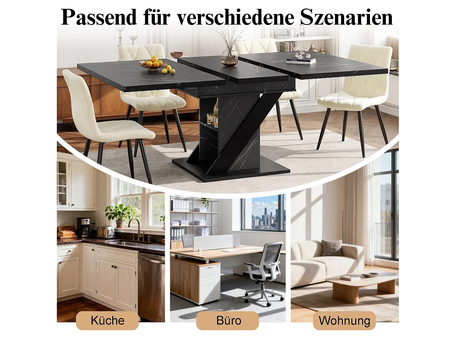 Table à manger extensible effet marbre noir, 110 à 140 x 80 cm, MDF et métal