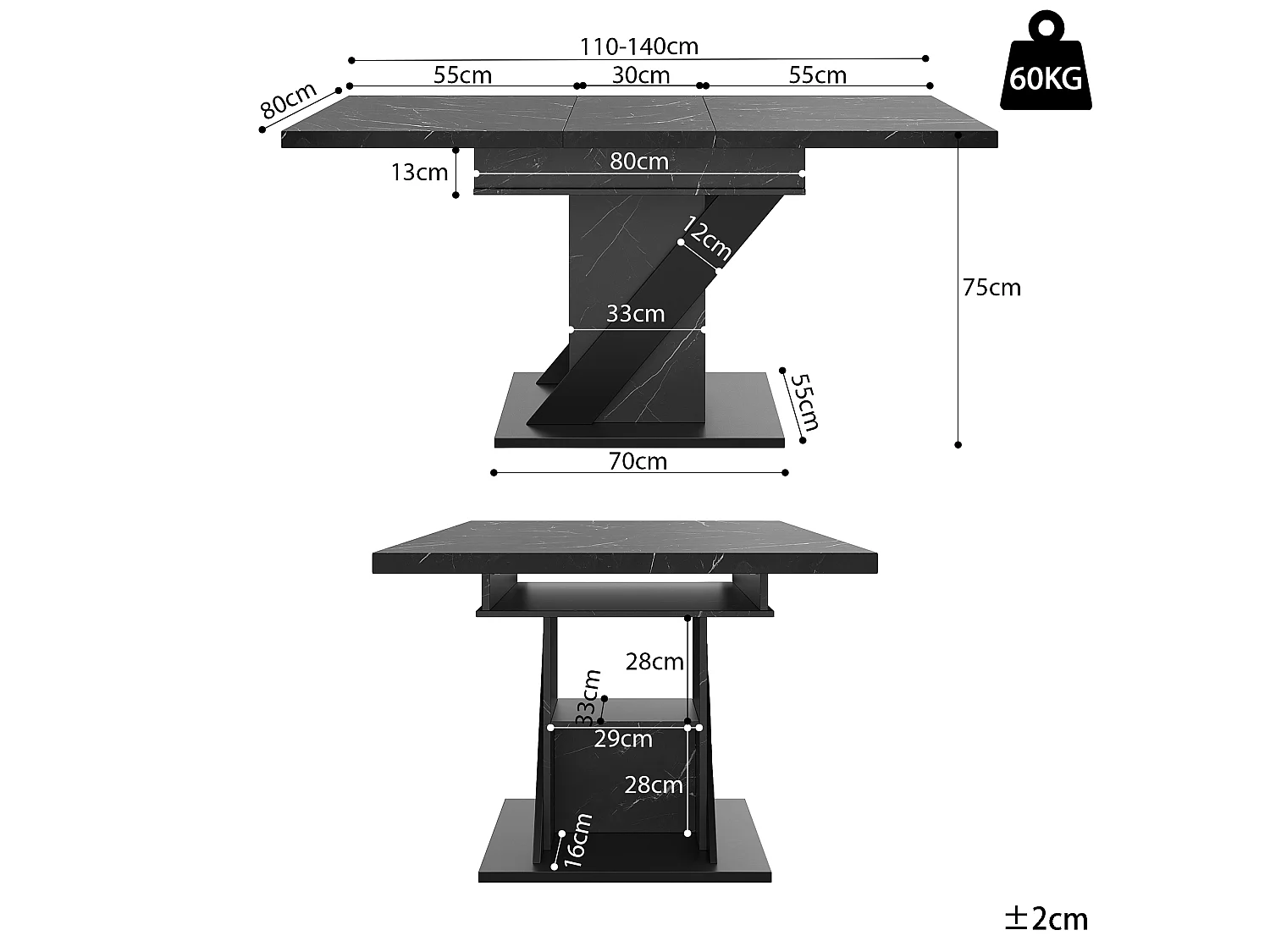 Table à manger extensible effet marbre noir, 110 à 140 x 80 cm, MDF et métal