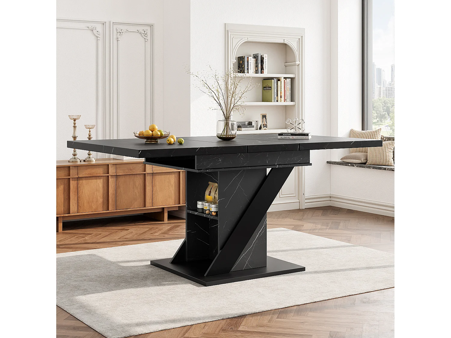 Table à manger extensible effet marbre noir, 110 à 140 x 80 cm, MDF et métal