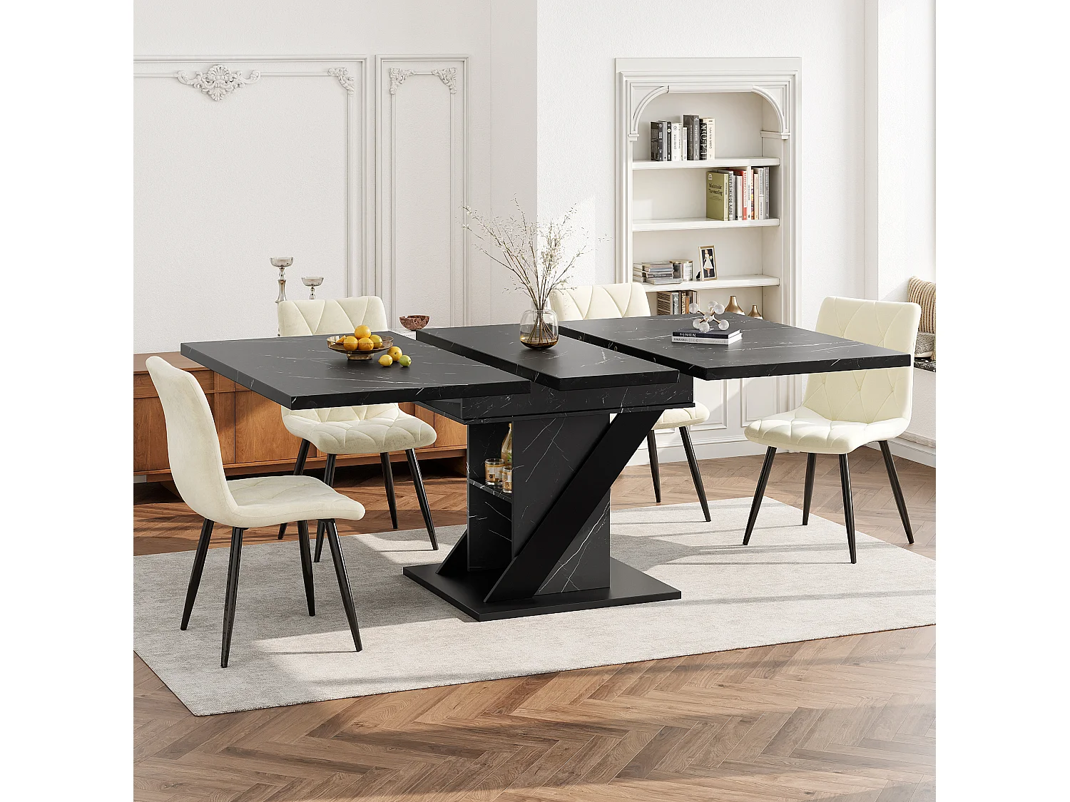 Table à manger extensible effet marbre noir, 110 à 140 x 80 cm, MDF et métal