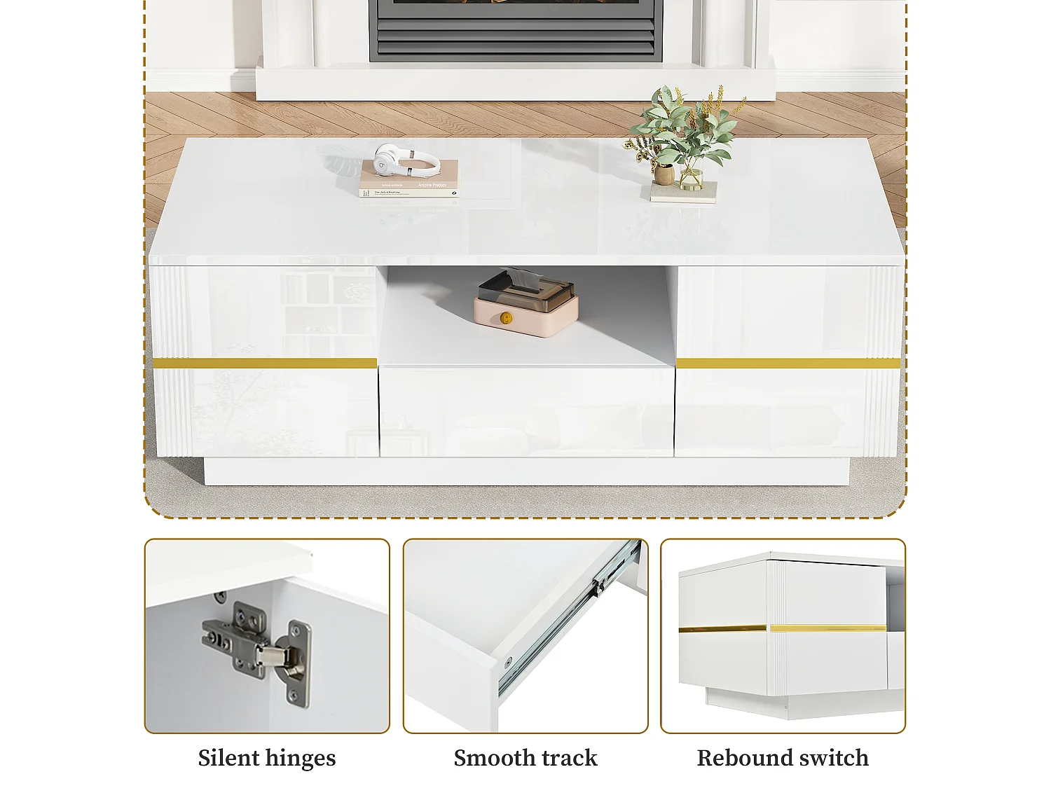 Table basse blanche et dorée en MDF, rangements, 100 x 50 x 35,5 cm
