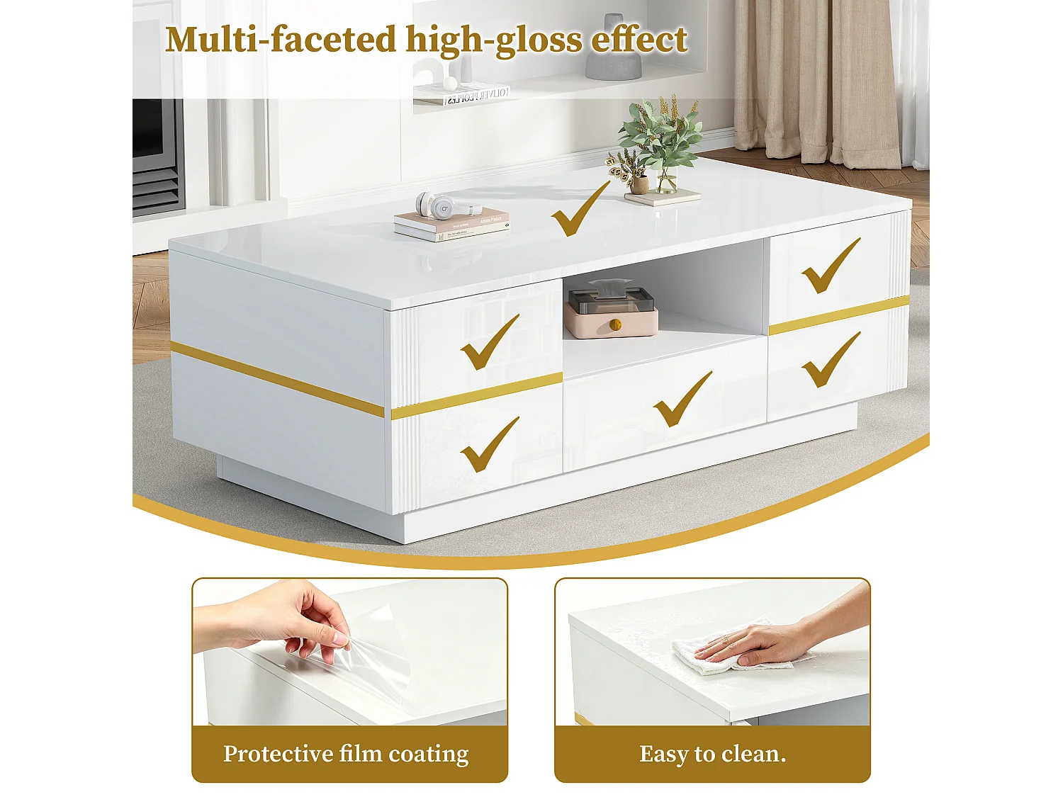 Table basse blanche et dorée en MDF, rangements, 100 x 50 x 35,5 cm