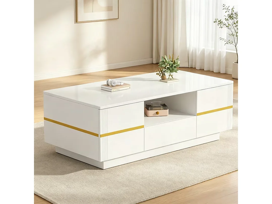 Table basse blanche et dorée en MDF, rangements, 100 x 50 x 35,5 cm