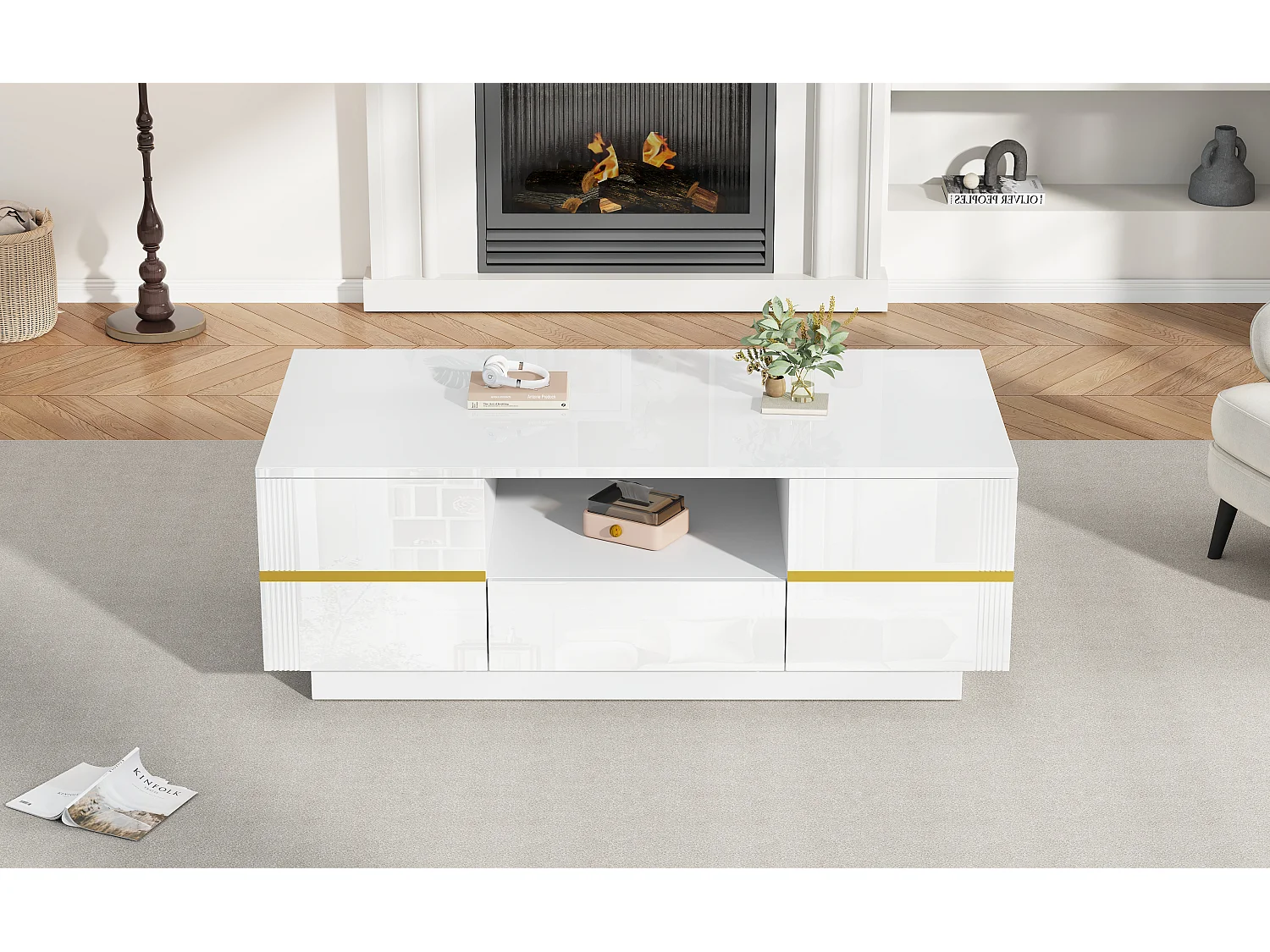 Table basse blanche et dorée en MDF, rangements, 100 x 50 x 35,5 cm