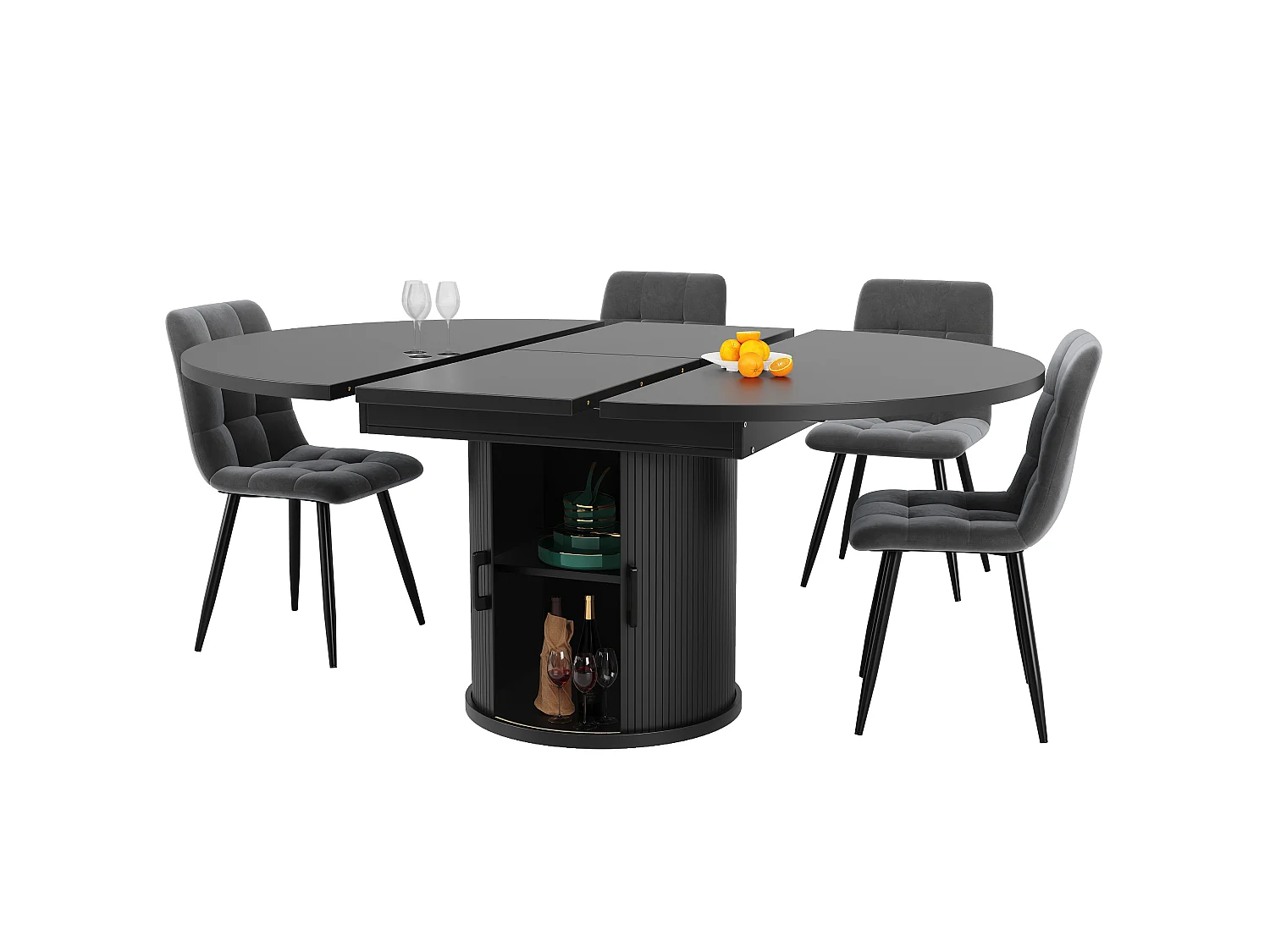 Table à manger ronde extensible noire en MDF, 118 à 158 cm, avec rangement