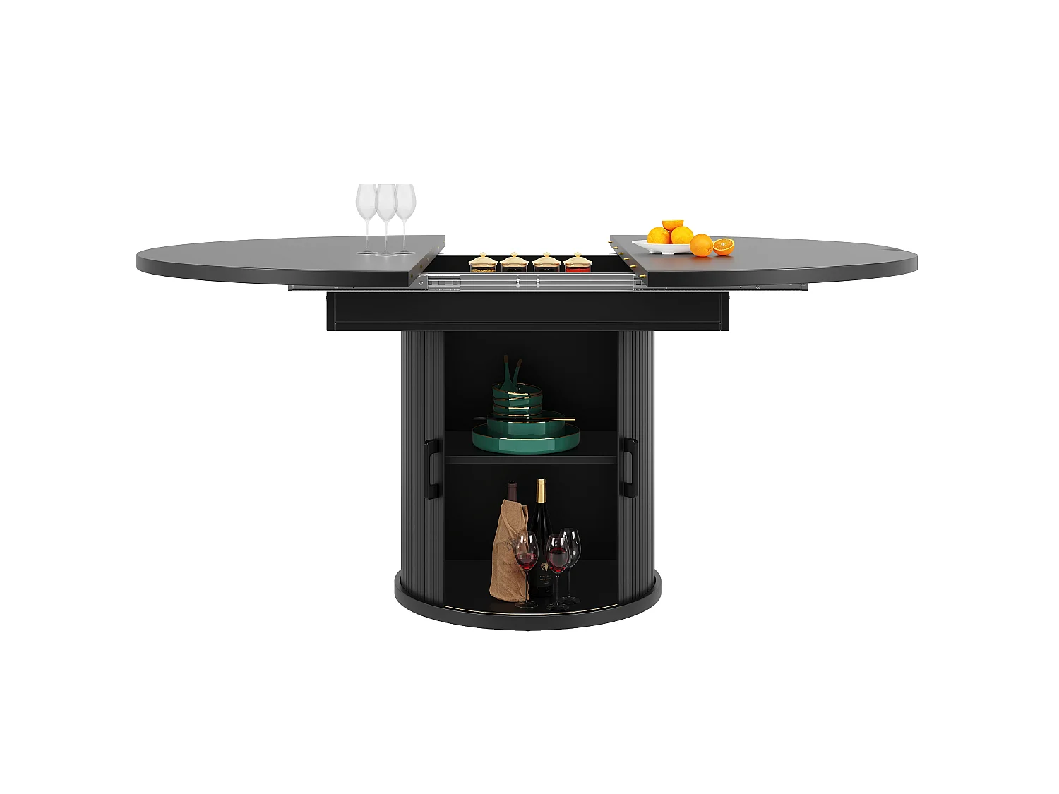 Table à manger ronde extensible noire en MDF, 118 à 158 cm, avec rangement