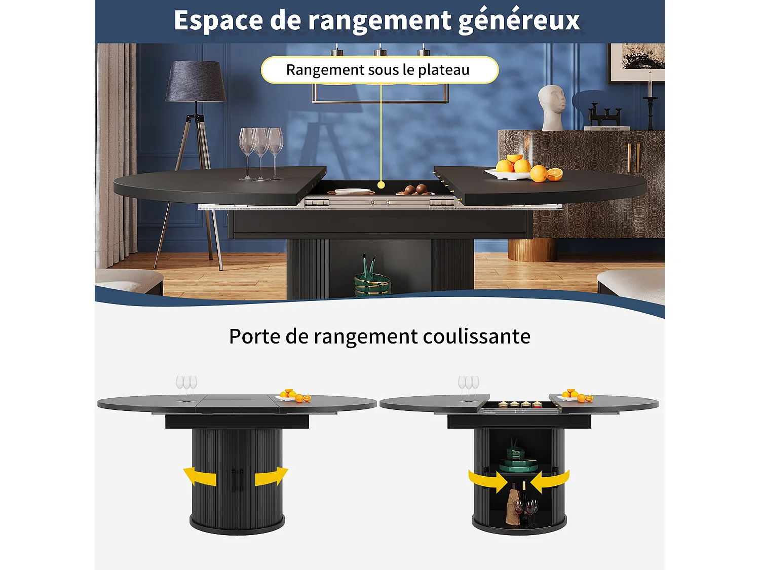 Table à manger ronde extensible noire en MDF, 118 à 158 cm, avec rangement