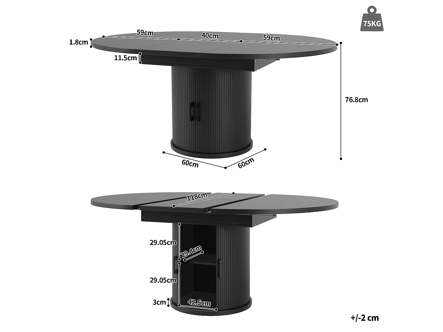 Table à manger ronde extensible noire en MDF, 118 à 158 cm, avec rangement