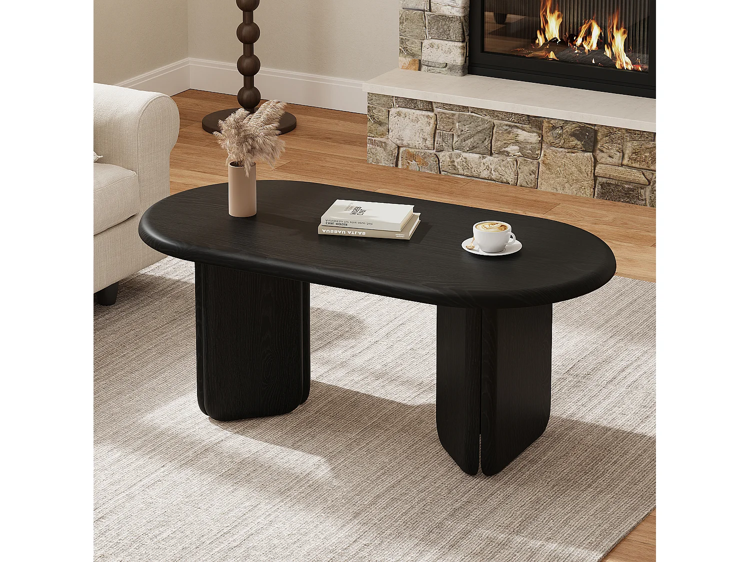 Table basse ovale noire en MDF effet bois, 99 x 50 x 40 cm