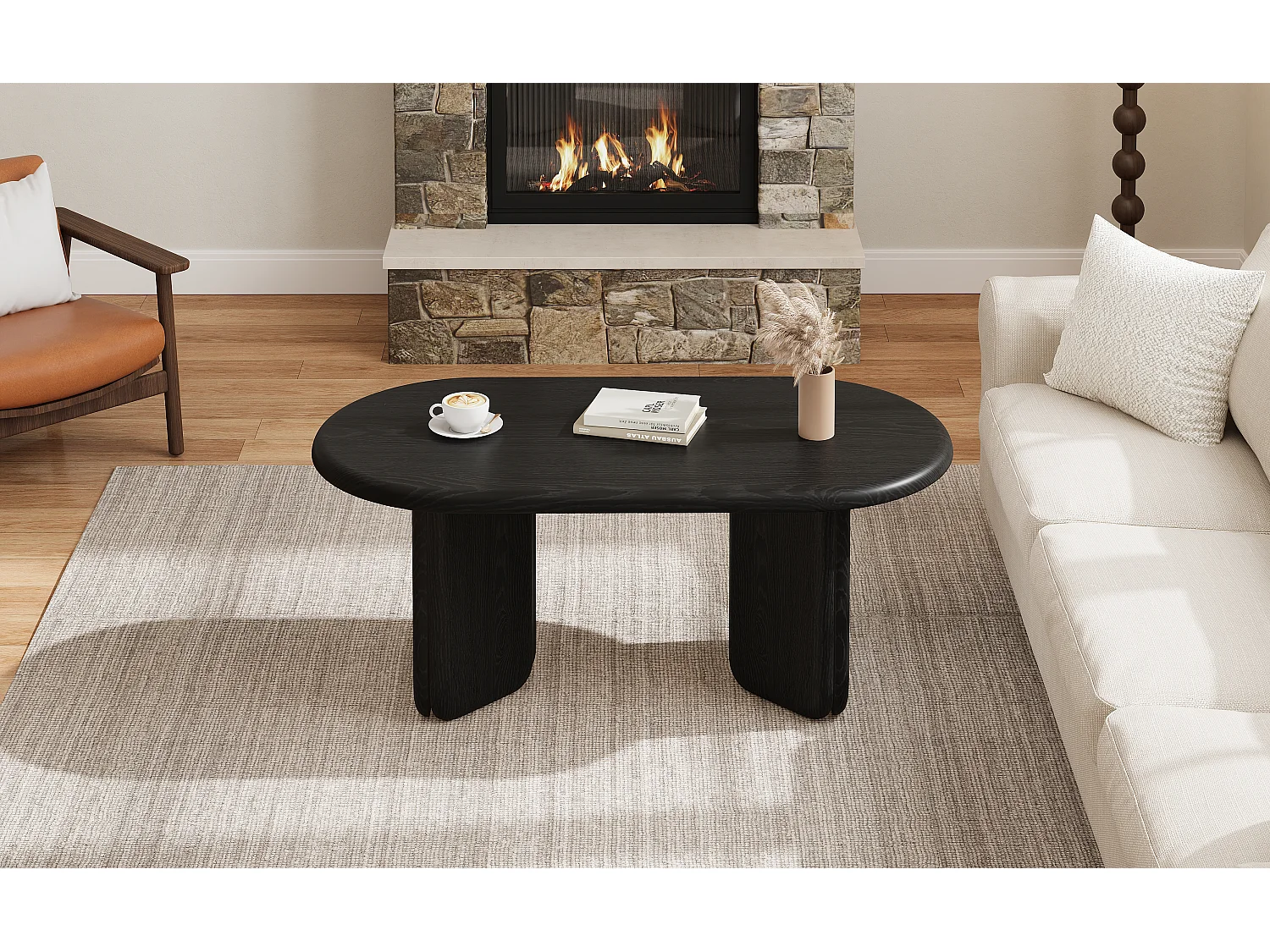 Table basse ovale noire en MDF effet bois, 99 x 50 x 40 cm