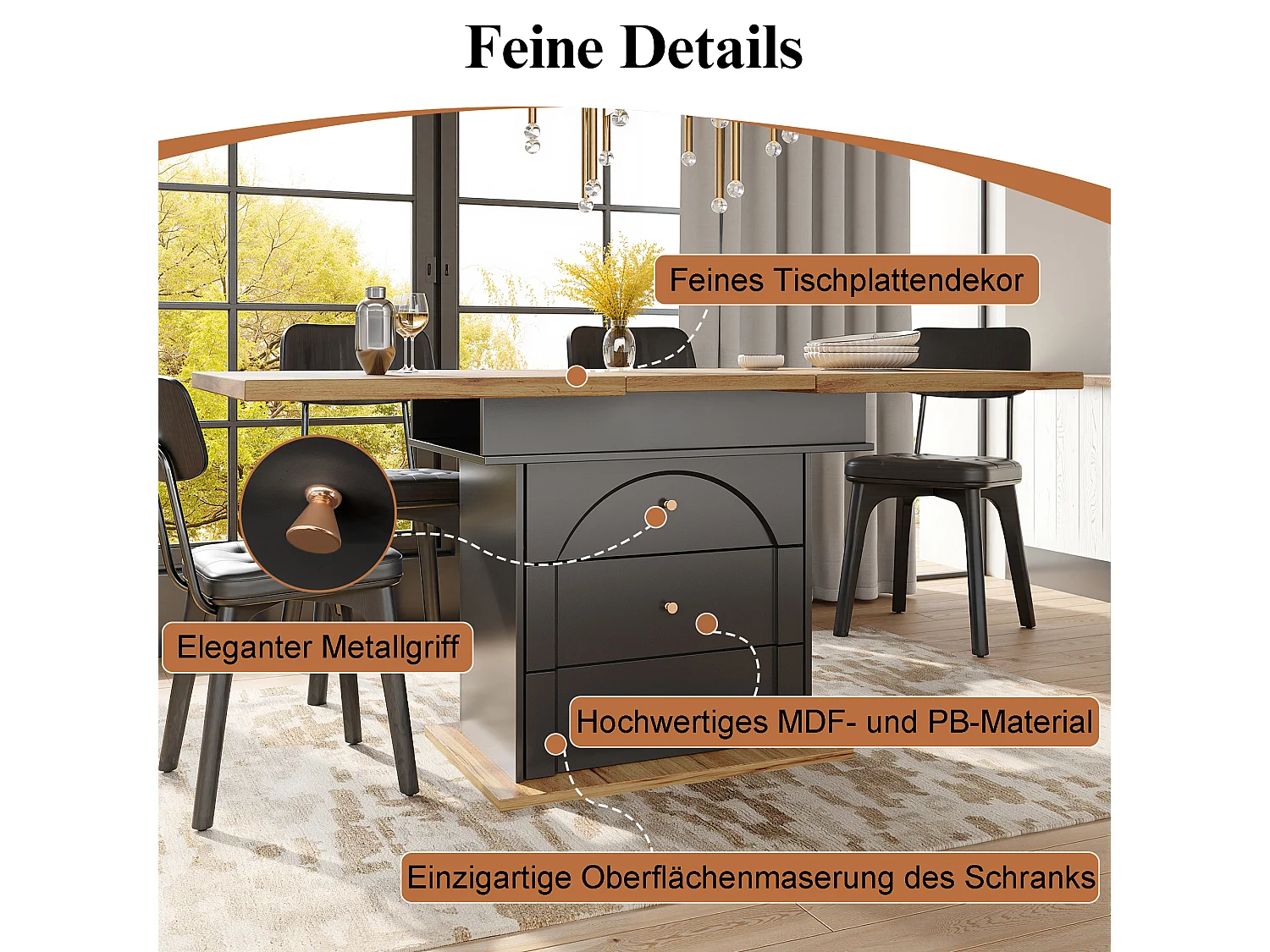 Table à manger extensible noire et décor bois naturel, 110 à 140 cm, avec rangement