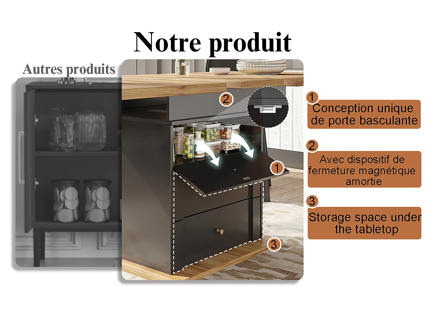 Table à manger extensible noire et décor bois naturel, 110 à 140 cm, avec rangement