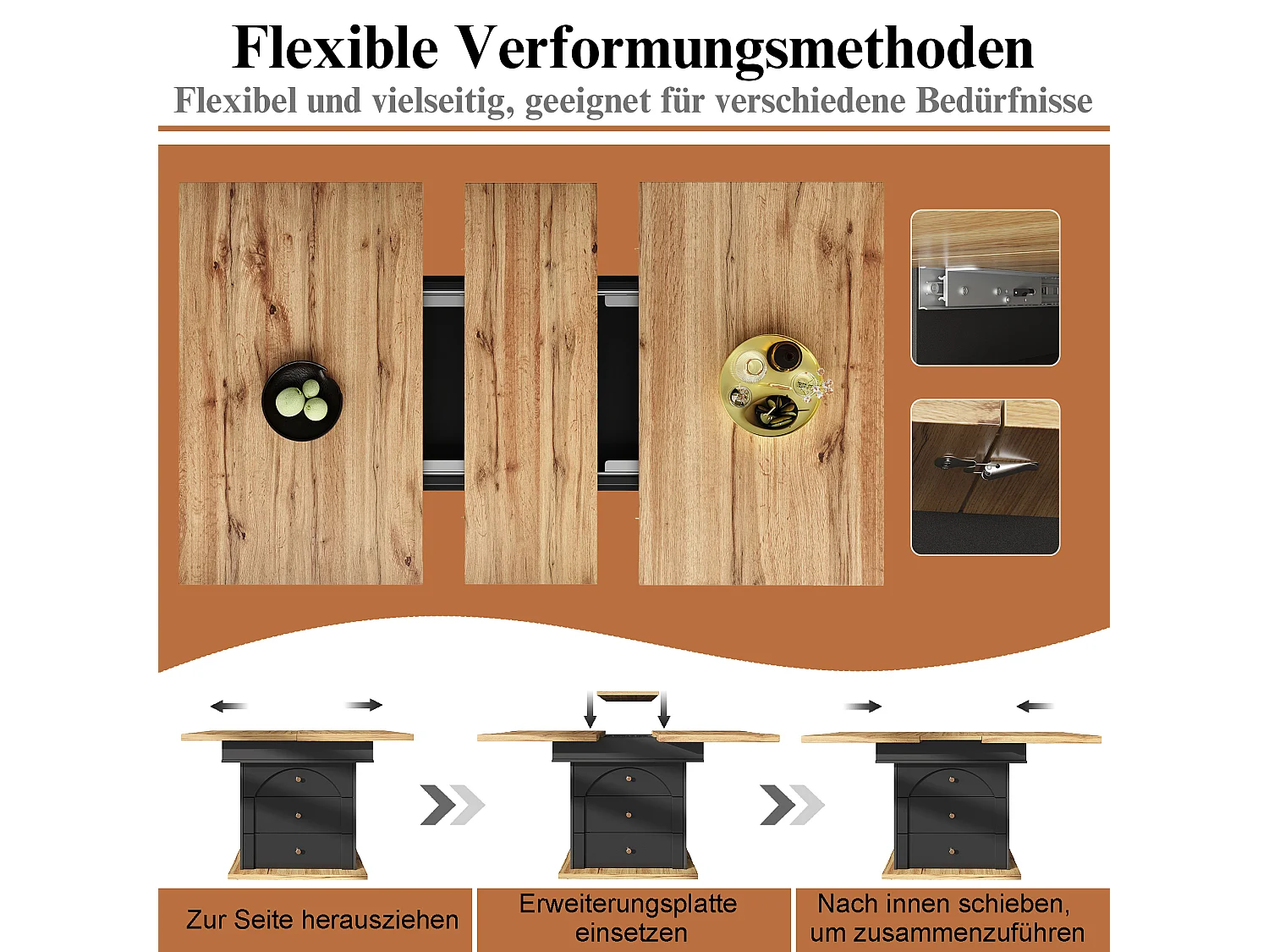 Table à manger extensible noire et décor bois naturel, 110 à 140 cm, avec rangement