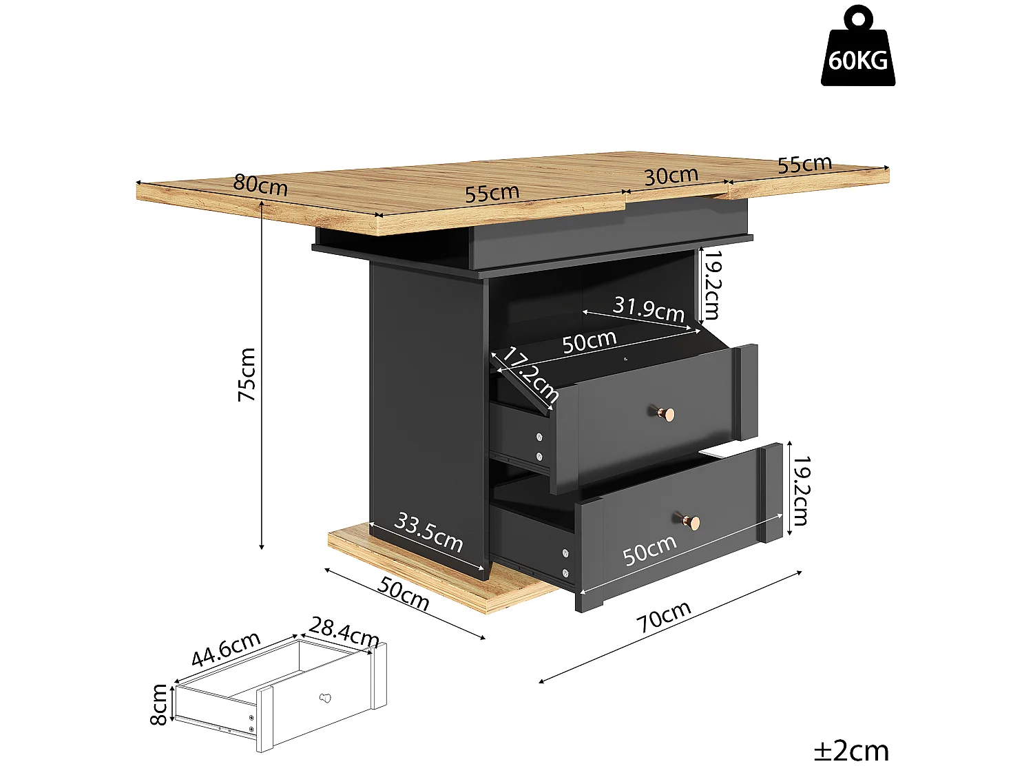 Table à manger extensible noire et décor bois naturel, 110 à 140 cm, avec rangement