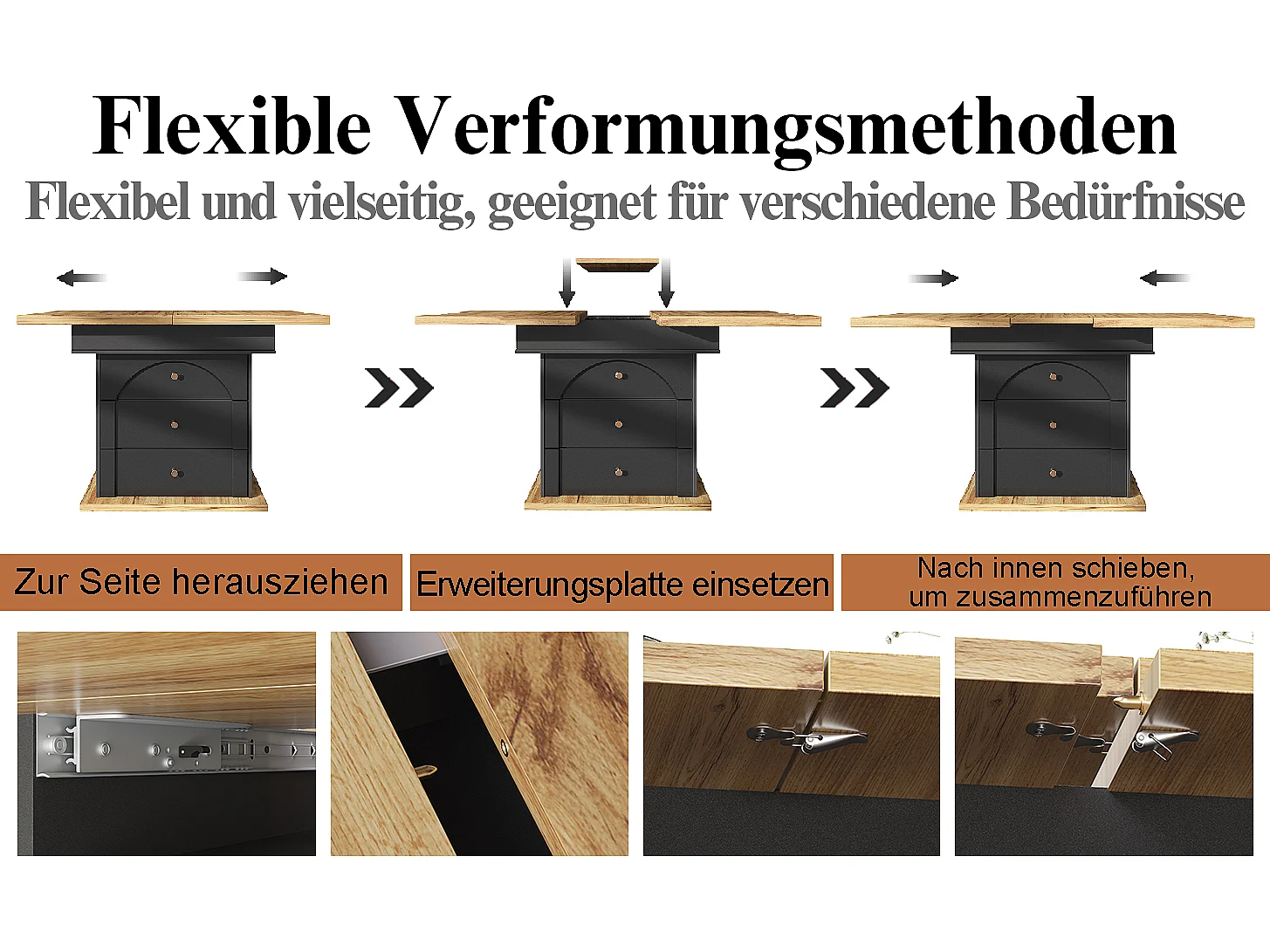 Table à manger extensible noire et décor bois naturel, 110 à 140 cm, avec rangement