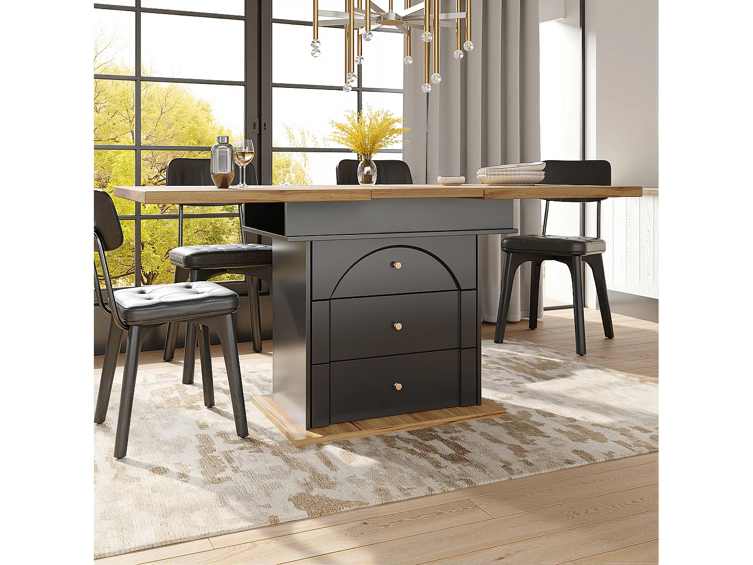 Table à manger extensible noire et décor bois naturel, 110 à 140 cm, avec rangement