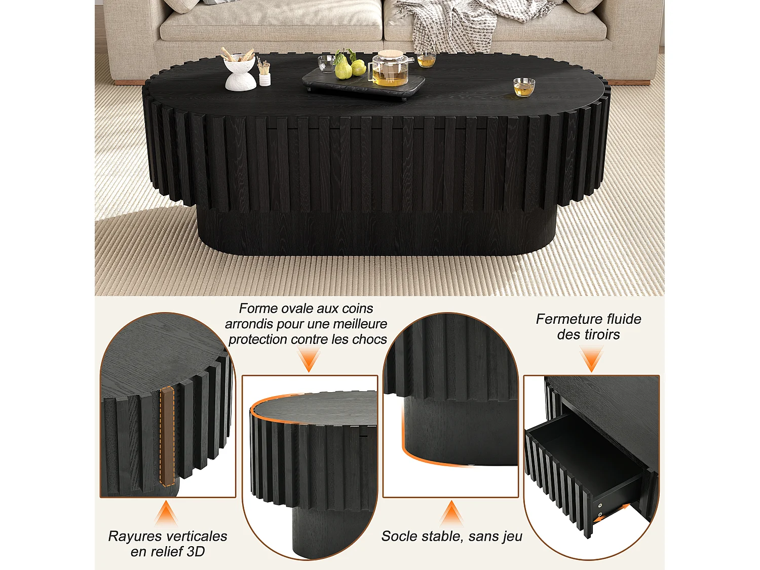 Table basse ovale noire en MDF avec tiroir, 100 x 50 x 35,5 cm