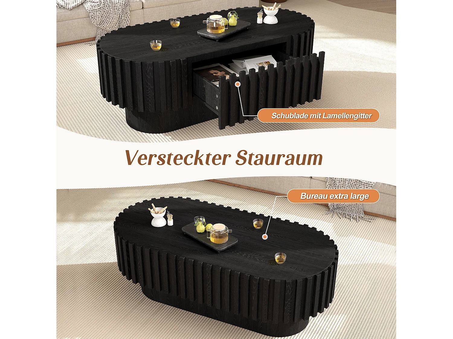 Table basse ovale noire en MDF avec tiroir, 100 x 50 x 35,5 cm