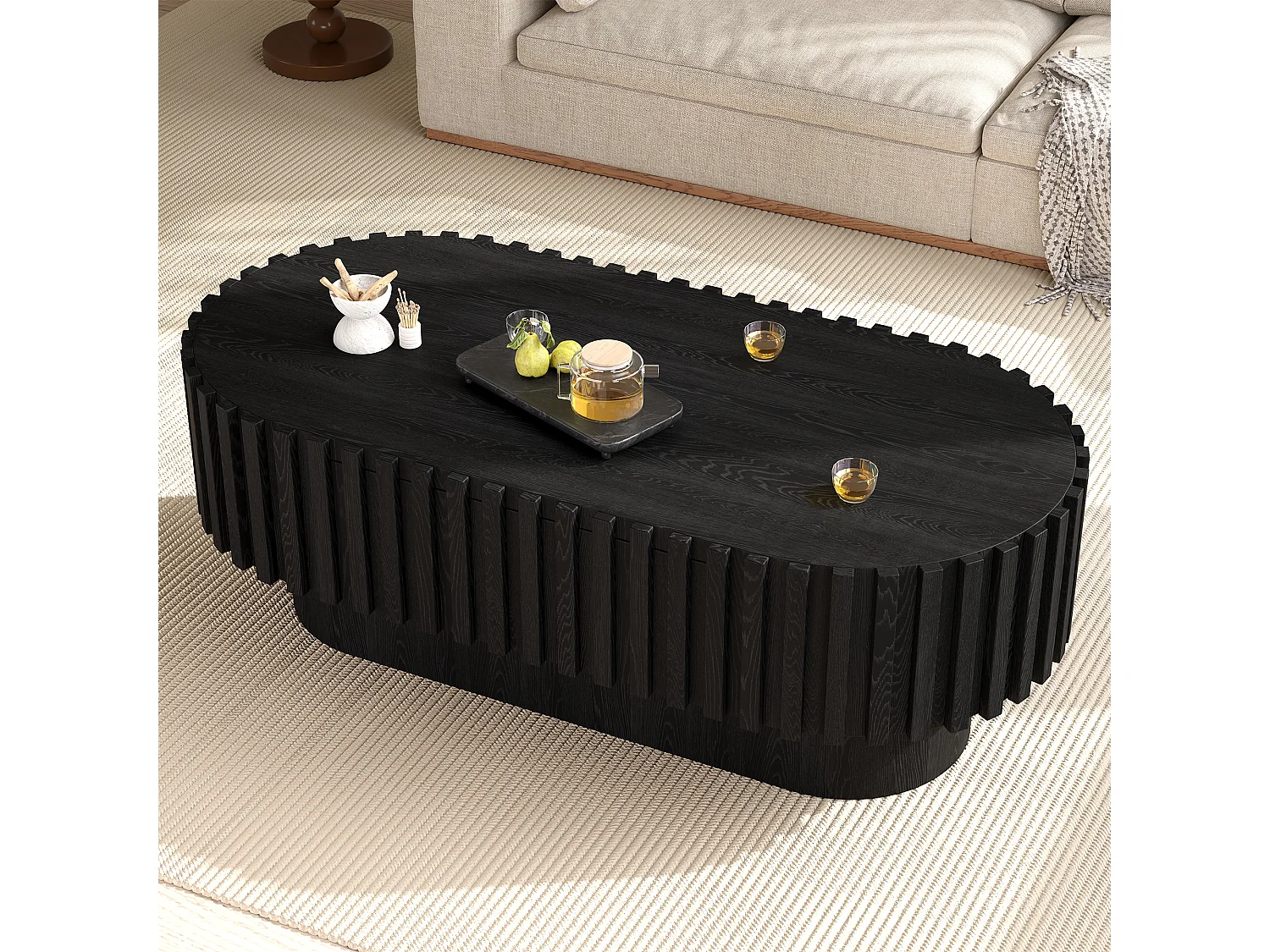 Table basse ovale noire en MDF avec tiroir, 100 x 50 x 35,5 cm