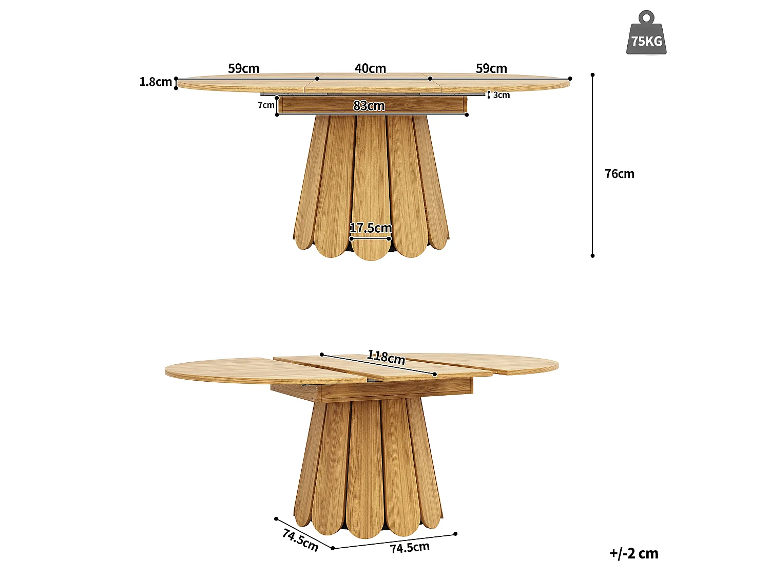 Table à manger ronde extensible 118 à 158 cm en MDF décor bois naturel