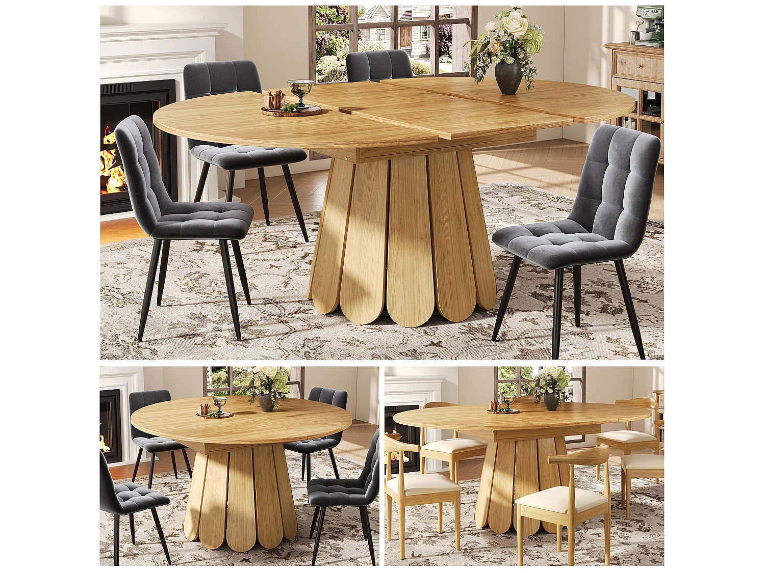 Table à manger ronde extensible 118 à 158 cm en MDF décor bois naturel
