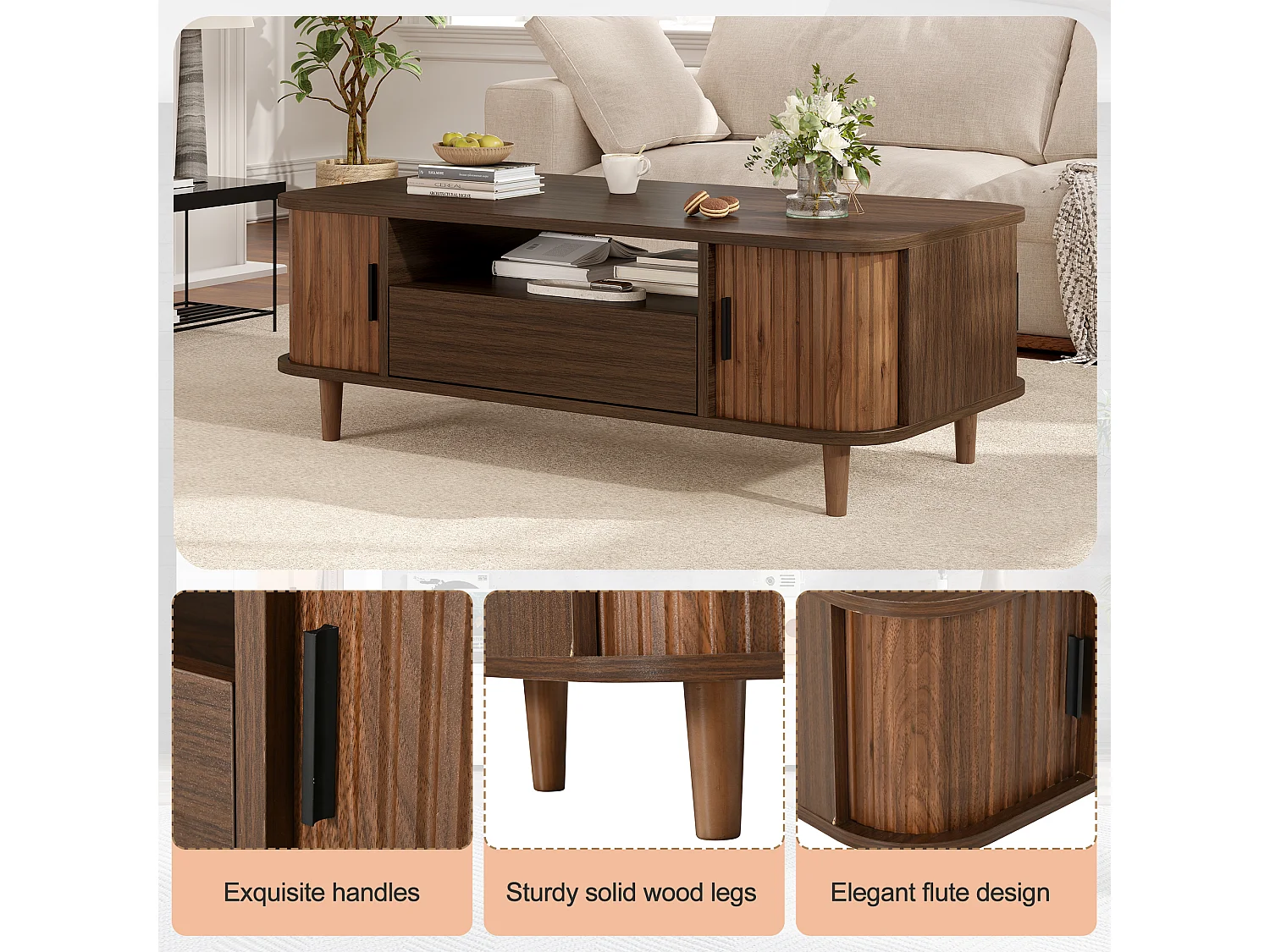 Table basse couleur noyer 100 x 50 x 35 cm avec tiroir et 2 portes à rideau