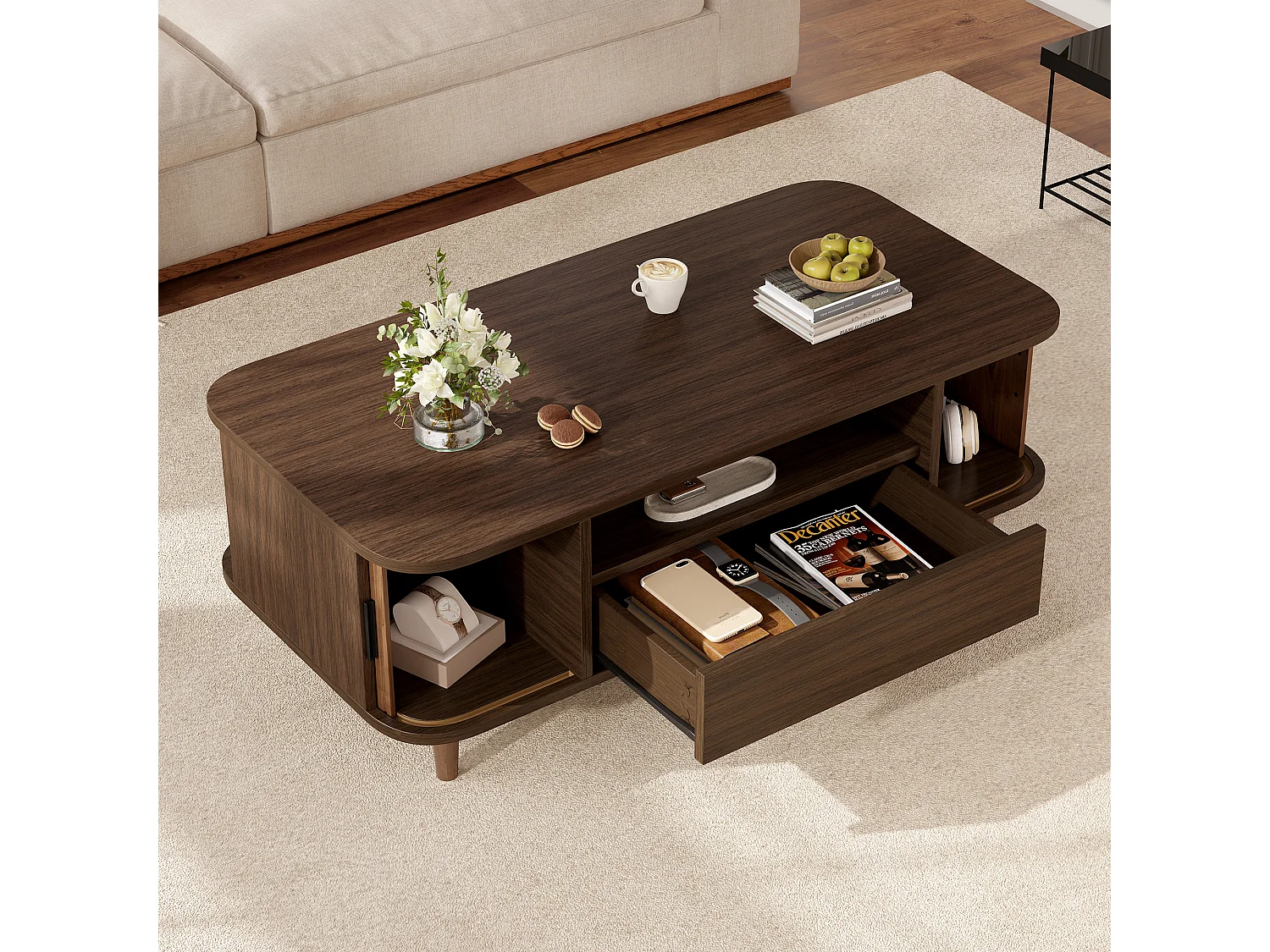 Table basse couleur noyer 100 x 50 x 35 cm avec tiroir et 2 portes à rideau