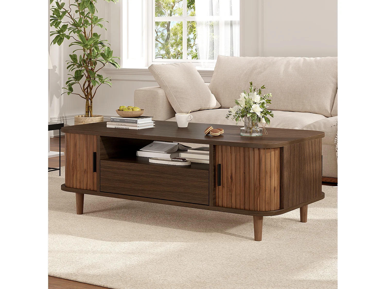 Table basse couleur noyer 100 x 50 x 35 cm avec tiroir et 2 portes à rideau