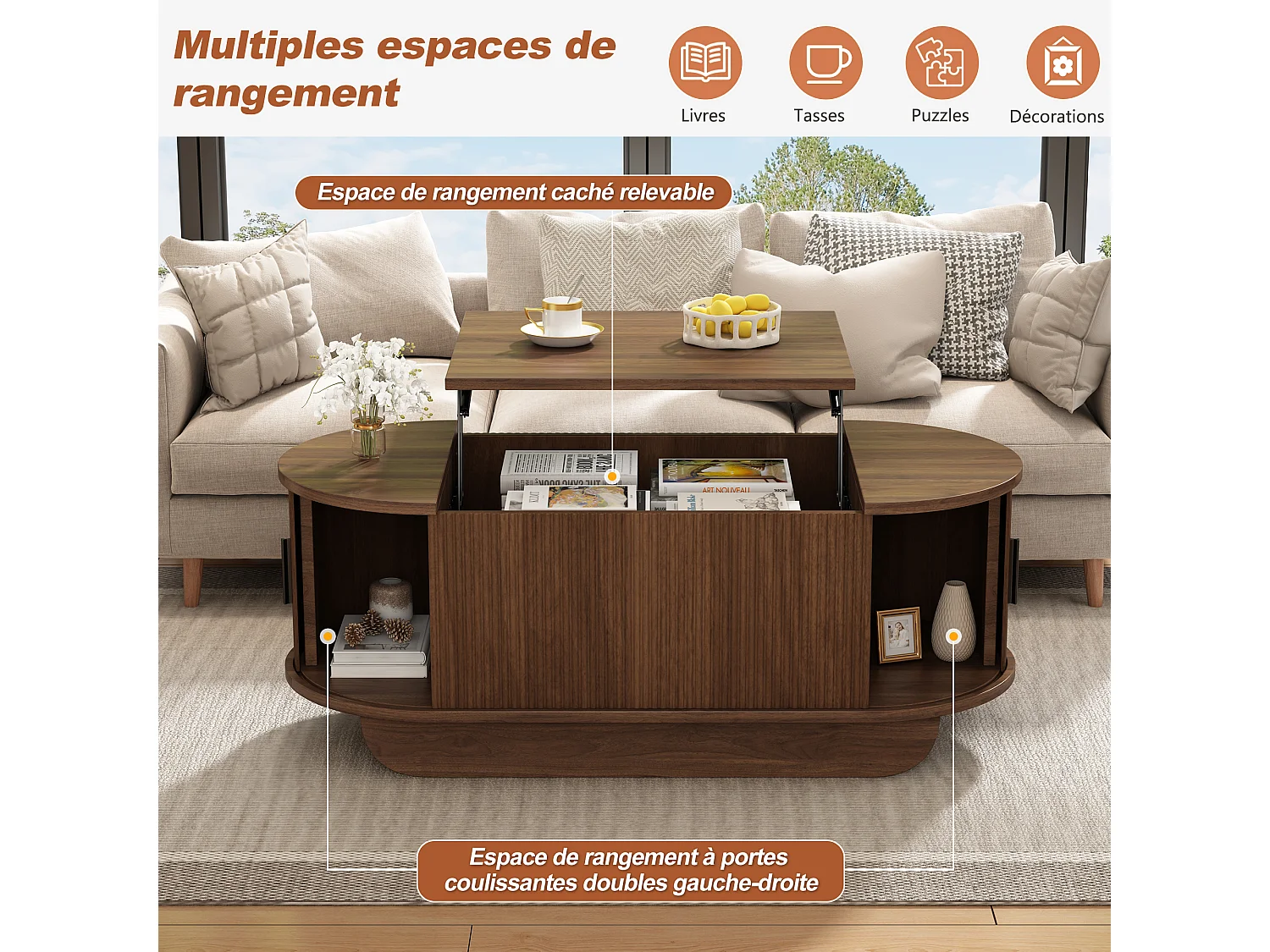 Table basse relevable ovale en MDF, effet noyer, avec rangement, 100 x 50 cm