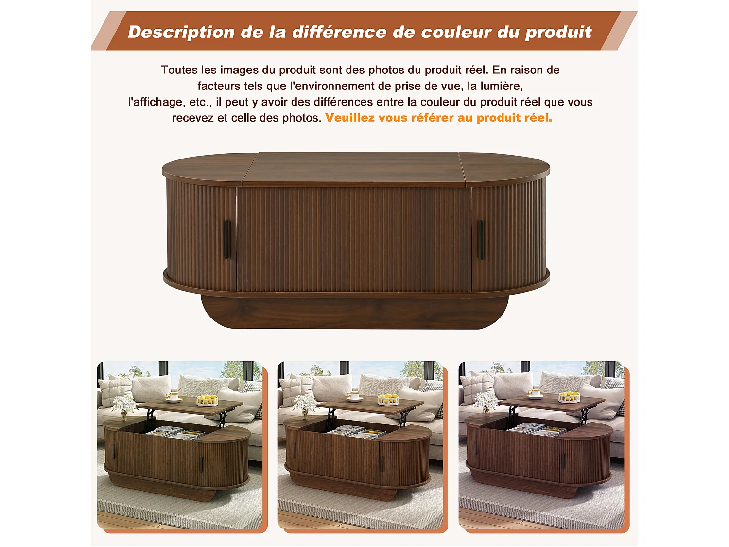 Table basse relevable ovale en MDF, effet noyer, avec rangement, 100 x 50 cm