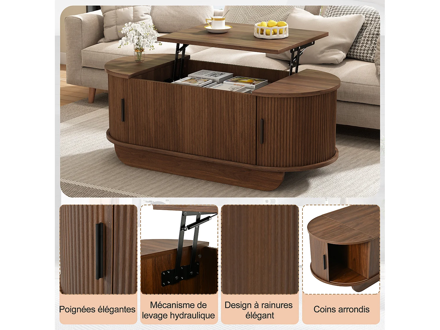Table basse relevable ovale en MDF, effet noyer, avec rangement, 100 x 50 cm