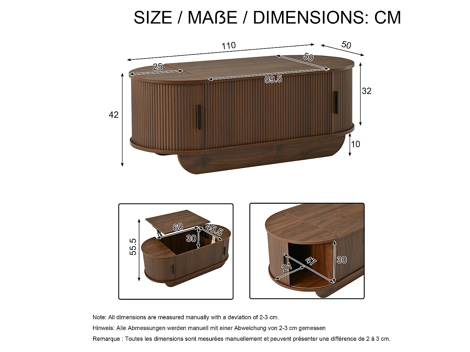 Table basse relevable ovale en MDF, effet noyer, avec rangement, 100 x 50 cm