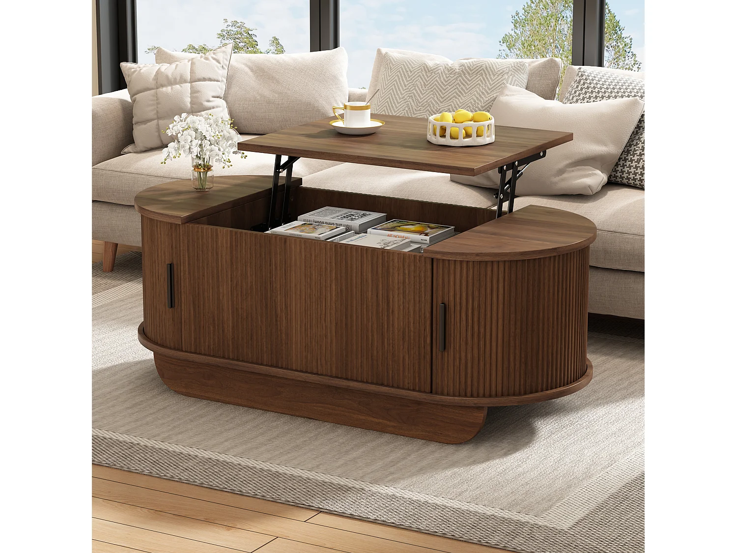Table basse relevable ovale en MDF, effet noyer, avec rangement, 100 x 50 cm