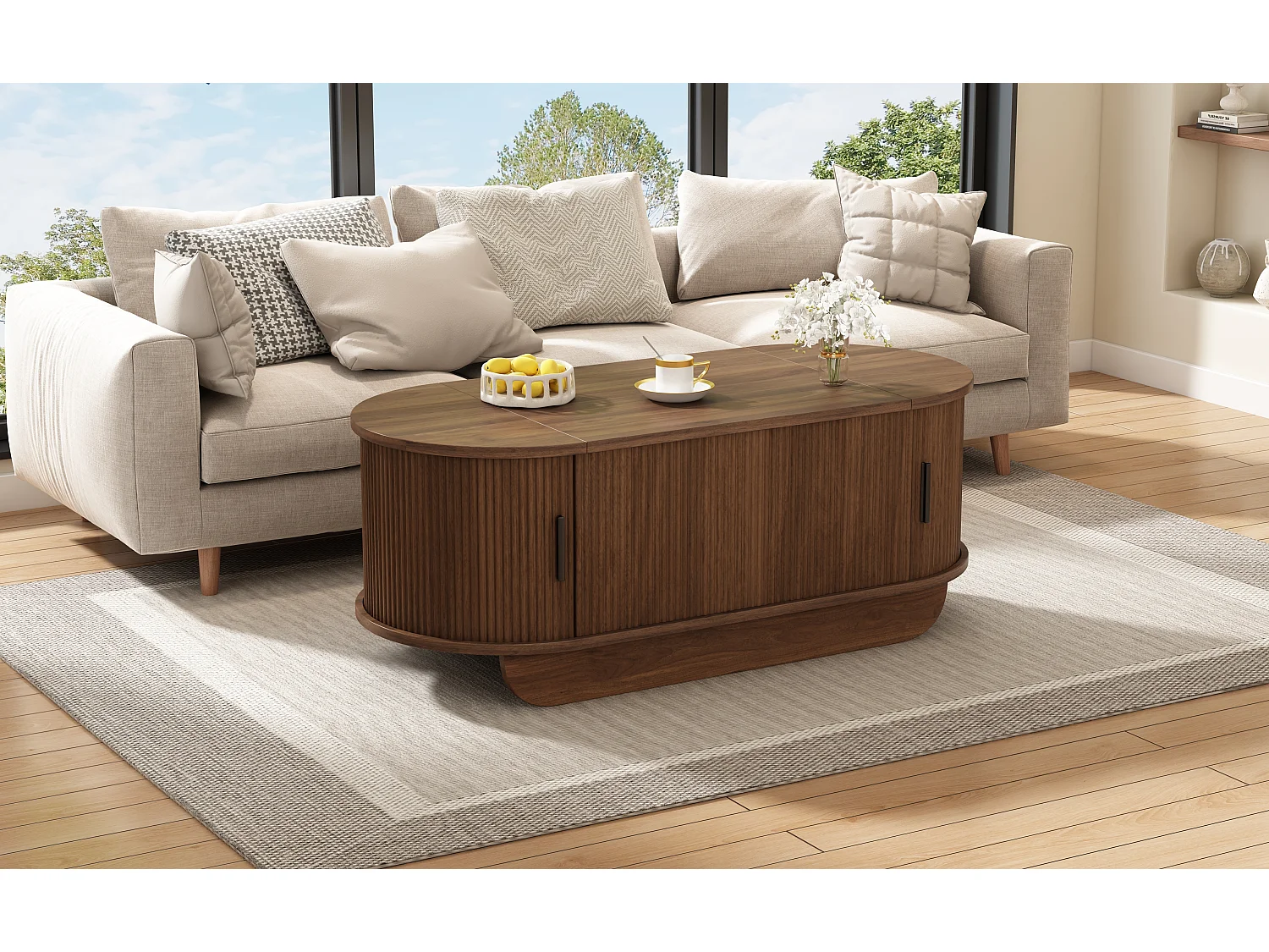 Table basse relevable ovale en MDF, effet noyer, avec rangement, 100 x 50 cm