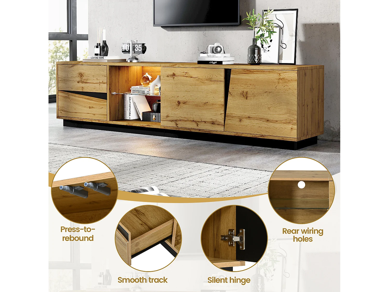 Meuble TV 180 cm avec éclairage LED, MDF effet bois naturel et noir, 2 tiroirs et 2 portes