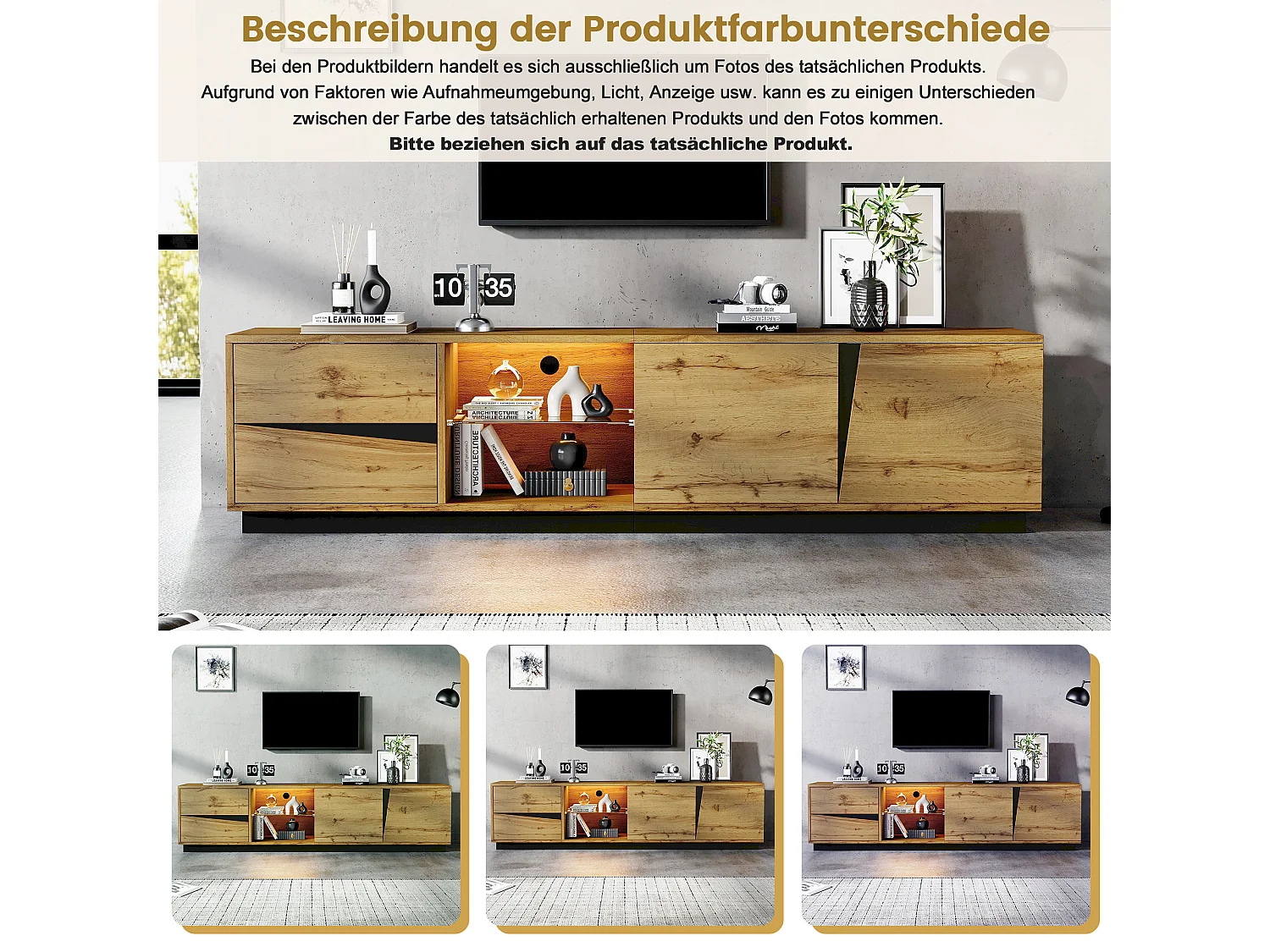 Meuble TV 180 cm avec éclairage LED, MDF effet bois naturel et noir, 2 tiroirs et 2 portes