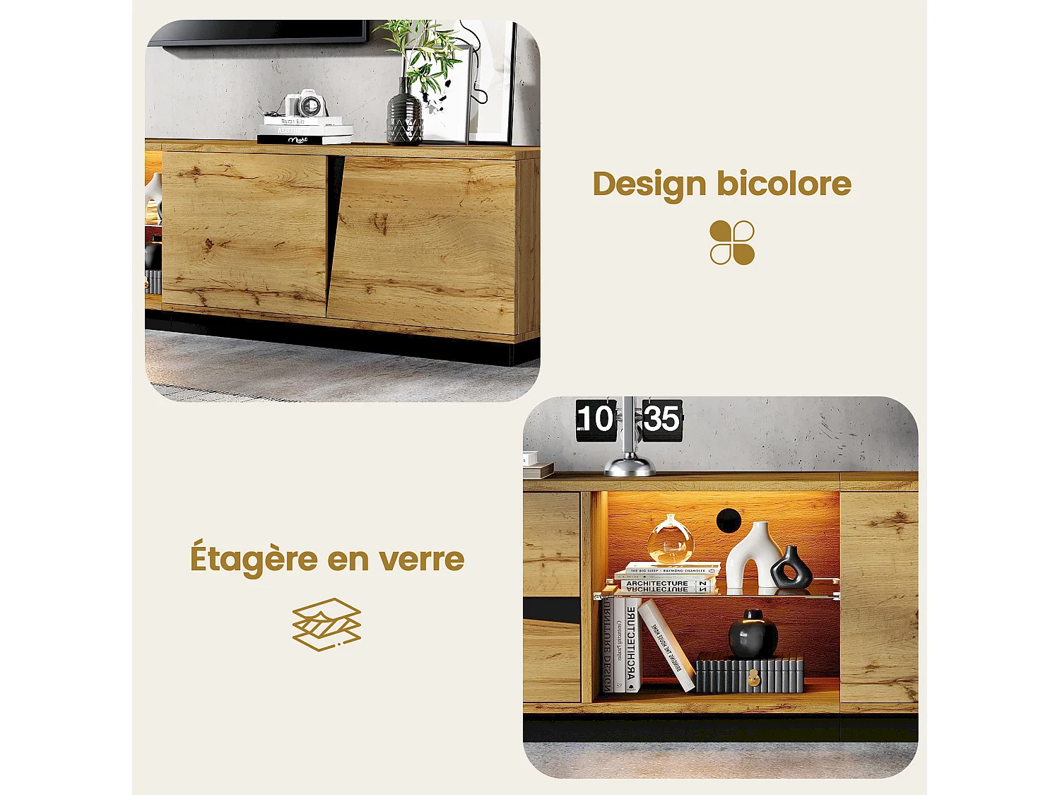Meuble TV 180 cm avec éclairage LED, MDF effet bois naturel et noir, 2 tiroirs et 2 portes