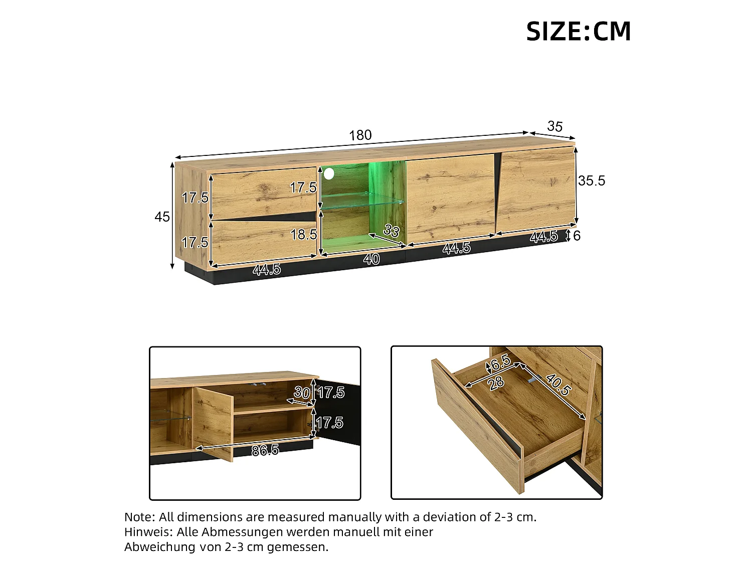 Meuble TV 180 cm avec éclairage LED, MDF effet bois naturel et noir, 2 tiroirs et 2 portes