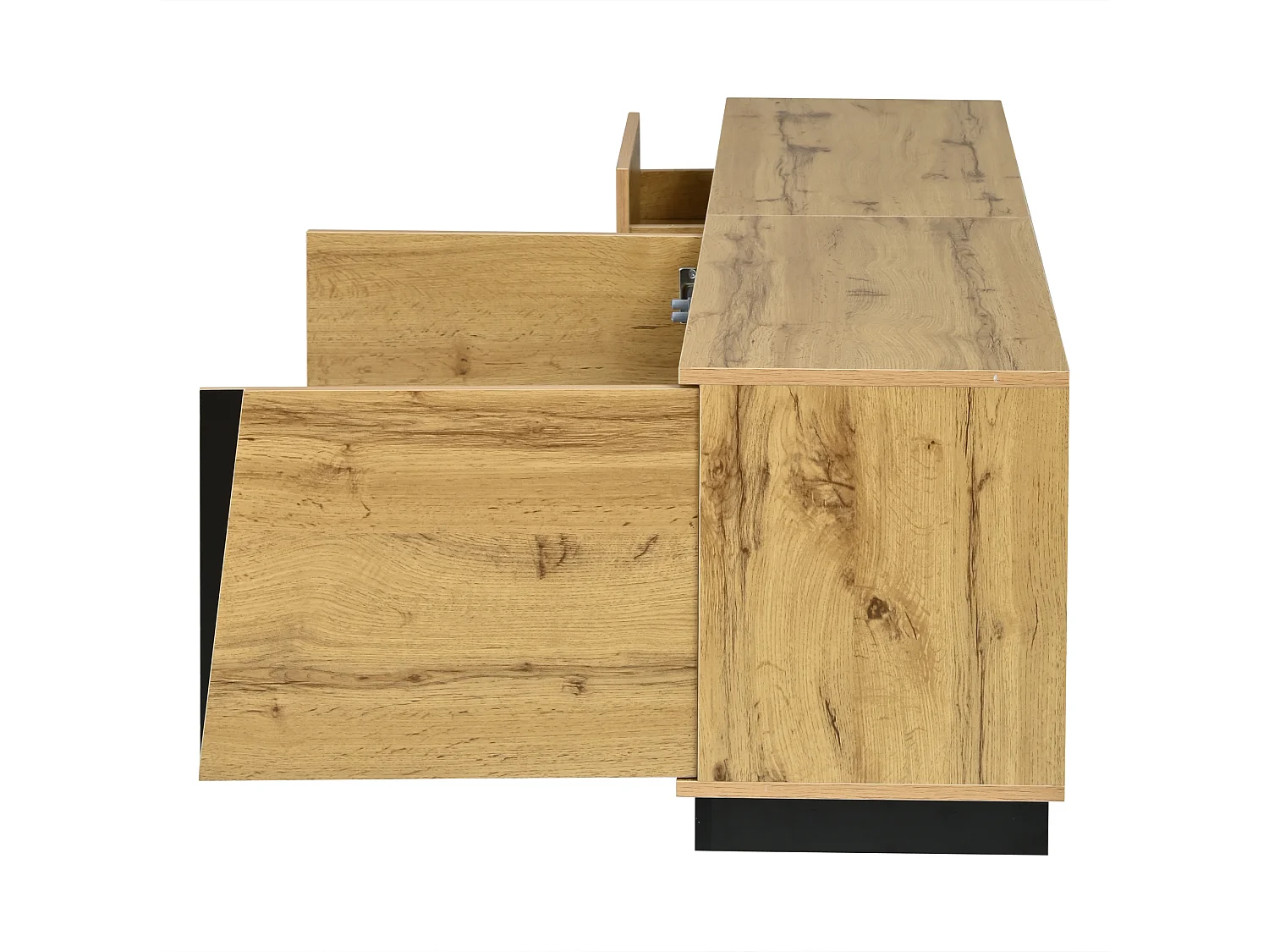 Meuble TV 180 cm avec éclairage LED, MDF effet bois naturel et noir, 2 tiroirs et 2 portes