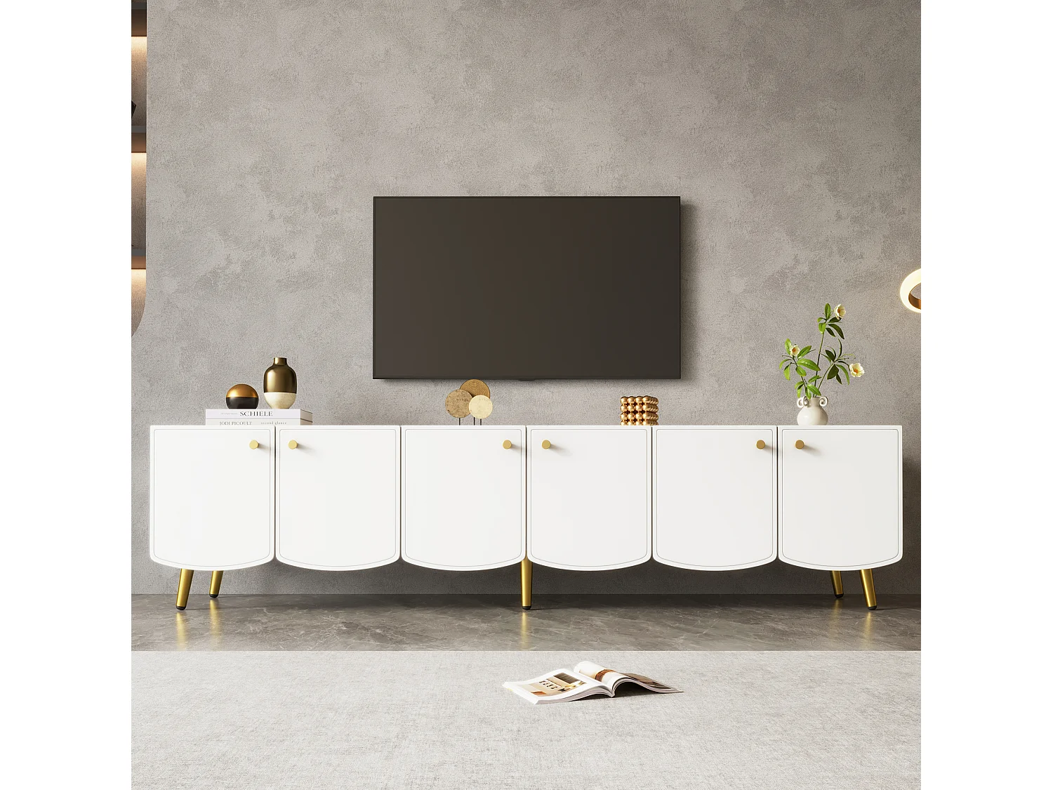 Meuble TV blanc et doré de 180 cm avec six portes