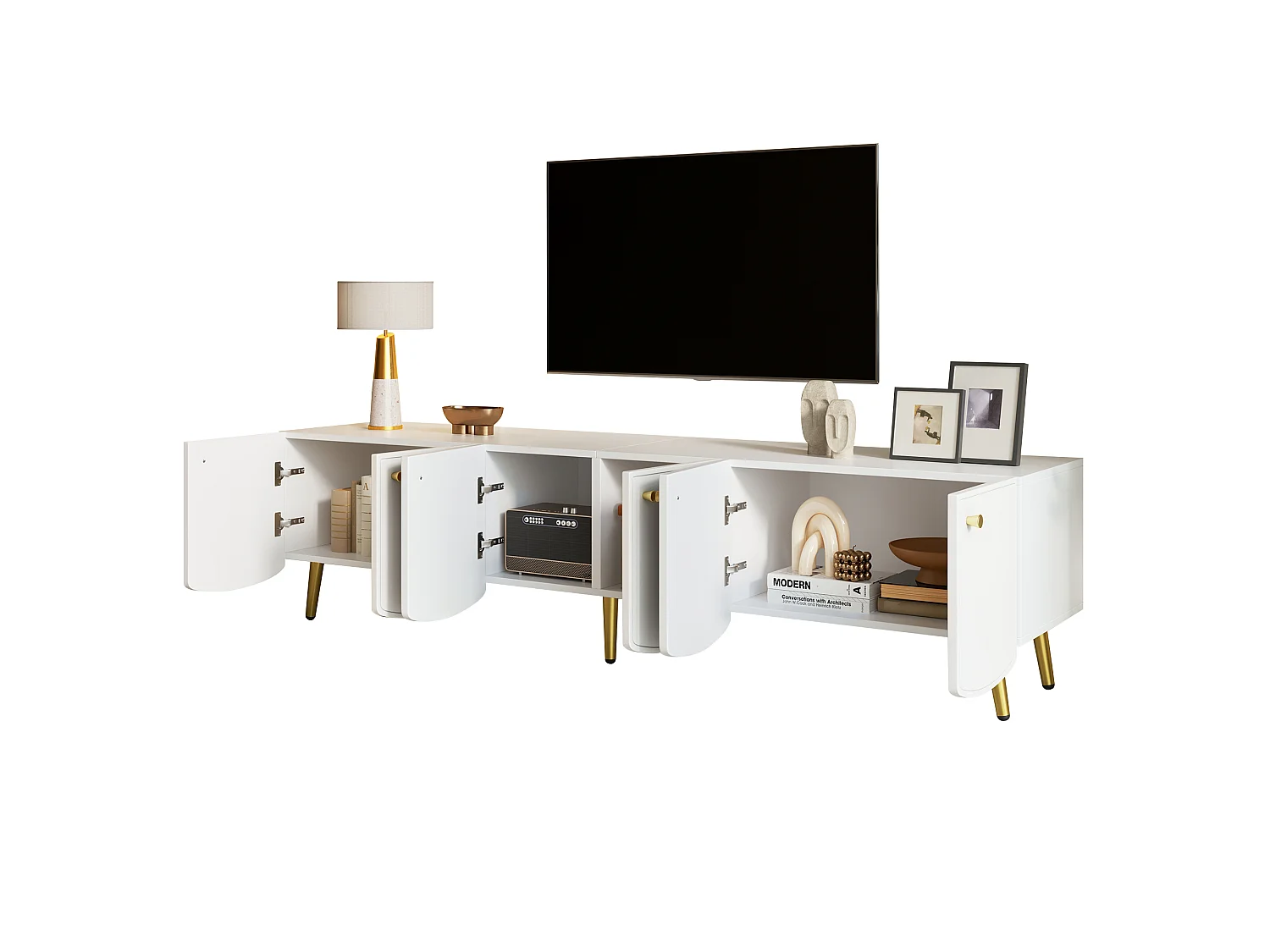 Meuble TV blanc et doré de 180 cm avec six portes
