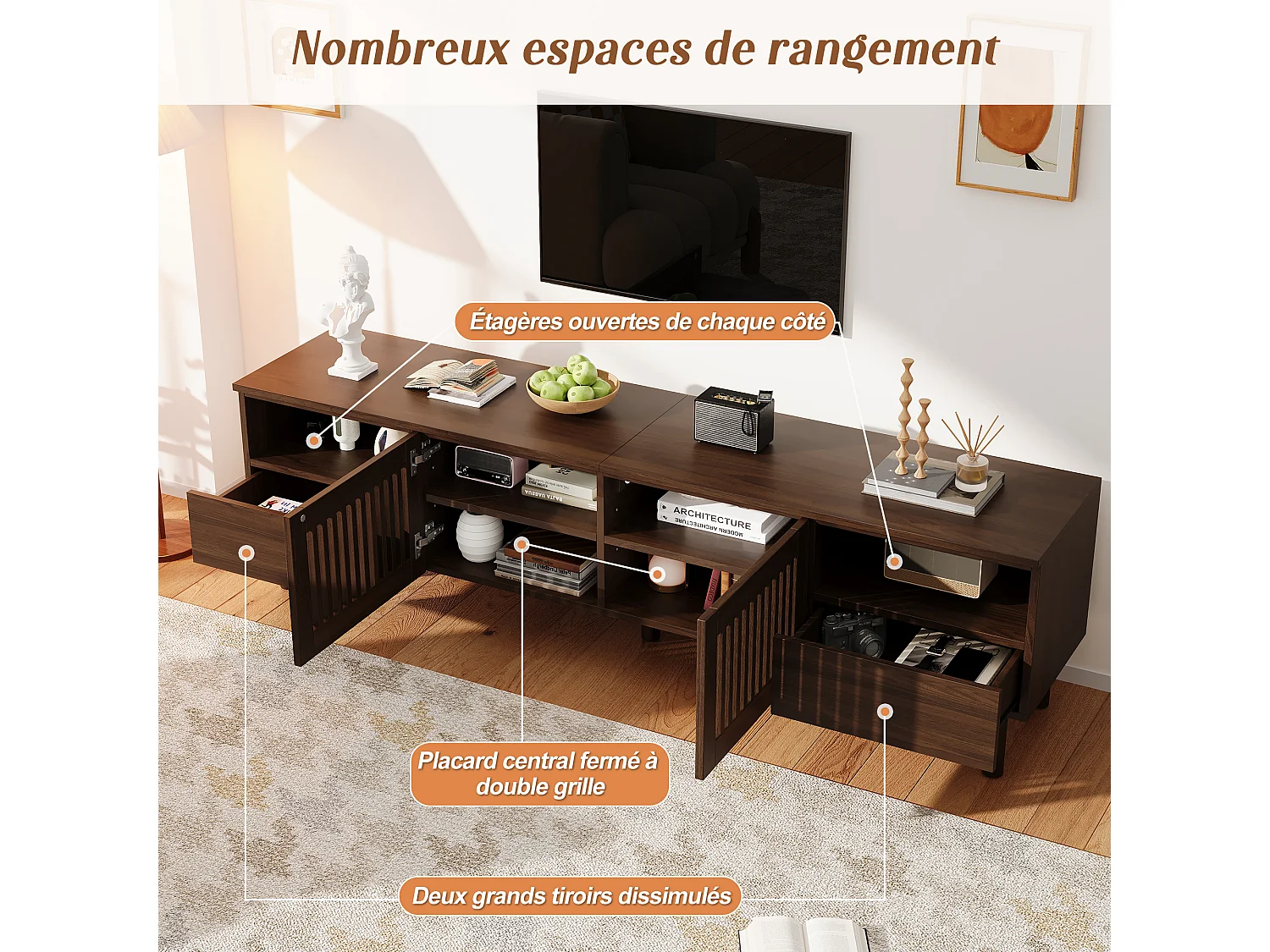 Meuble TV 180 cm en MDF couleur noyer, 2 portes ajourées et 2 tiroirs