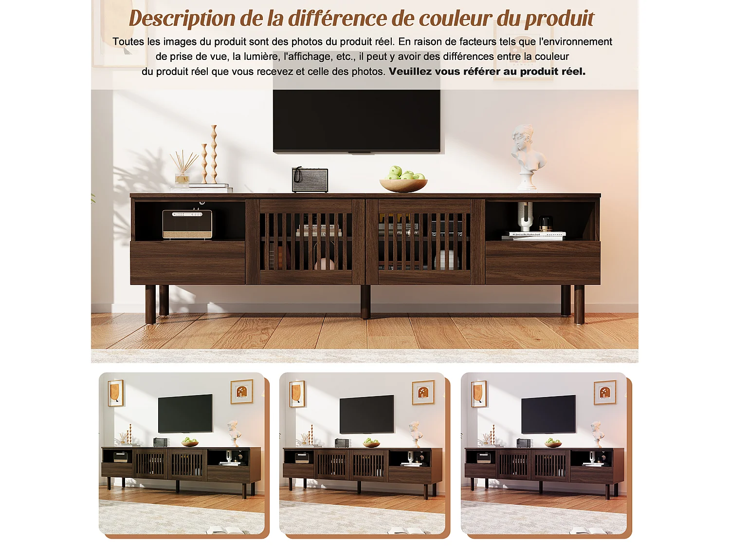 Meuble TV 180 cm en MDF couleur noyer, 2 portes ajourées et 2 tiroirs