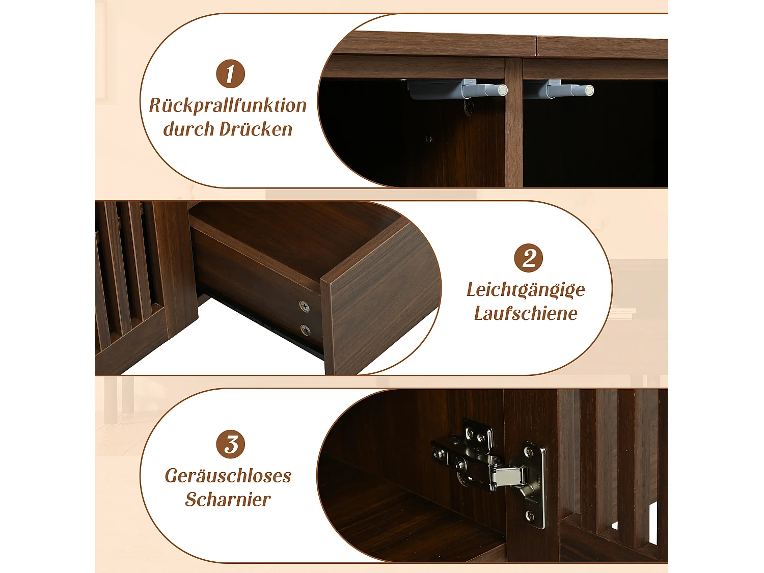 Meuble TV 180 cm en MDF couleur noyer, 2 portes ajourées et 2 tiroirs